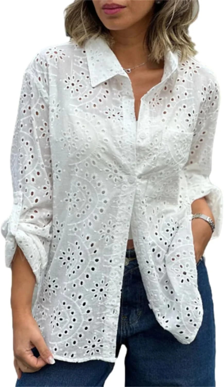 هاتنه بلوز زنانه قلاب بافی گلدوزی شده با سوراخ دوزی، پیراهن بوهو آستین بلند دکمه دار جلو، بلوز بزرگ