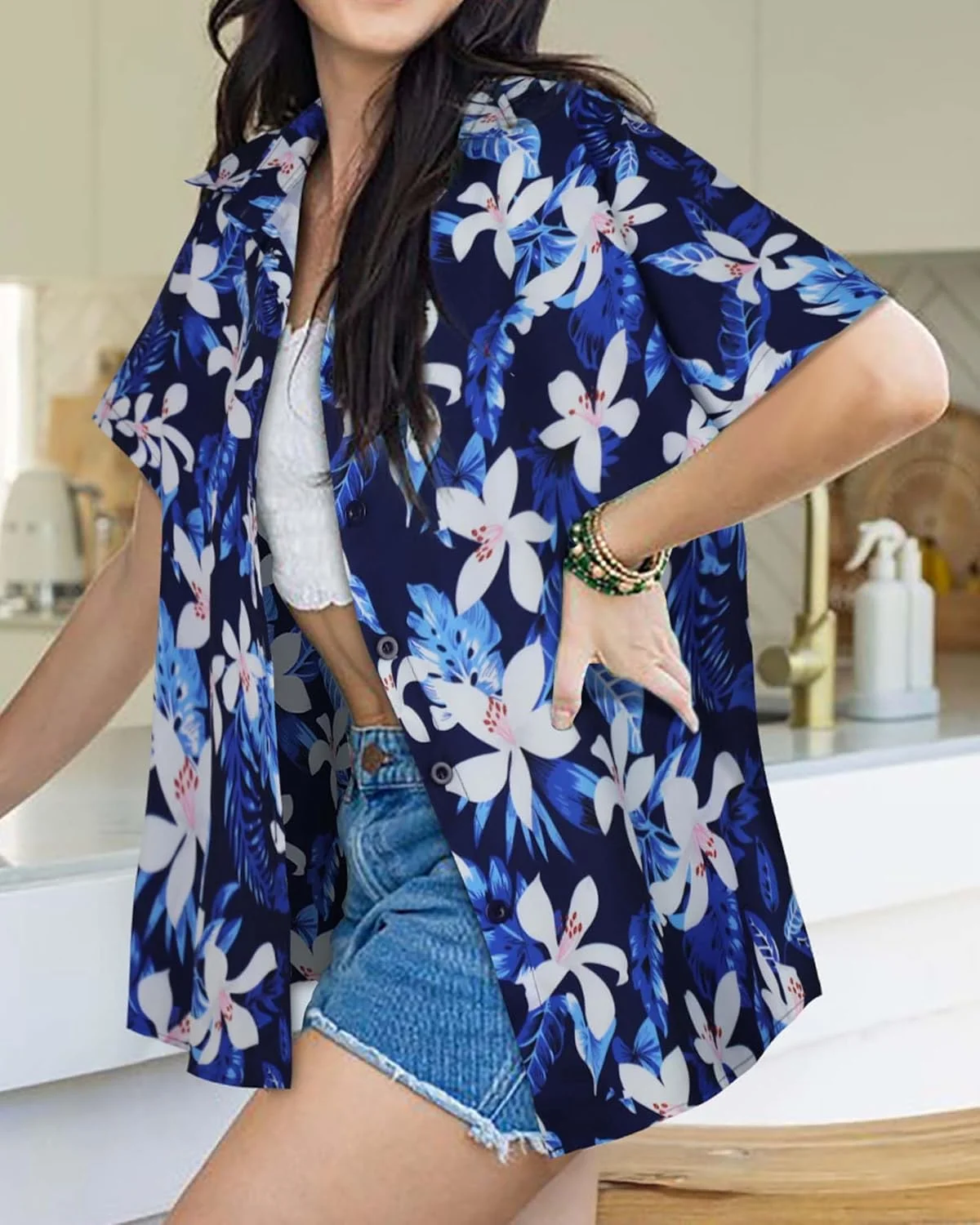 پیراهن زنانه هاوایی دکمه دار تاپ های تابستانی ساحلی خنک آستین کوتاه یقه هفت بلوز