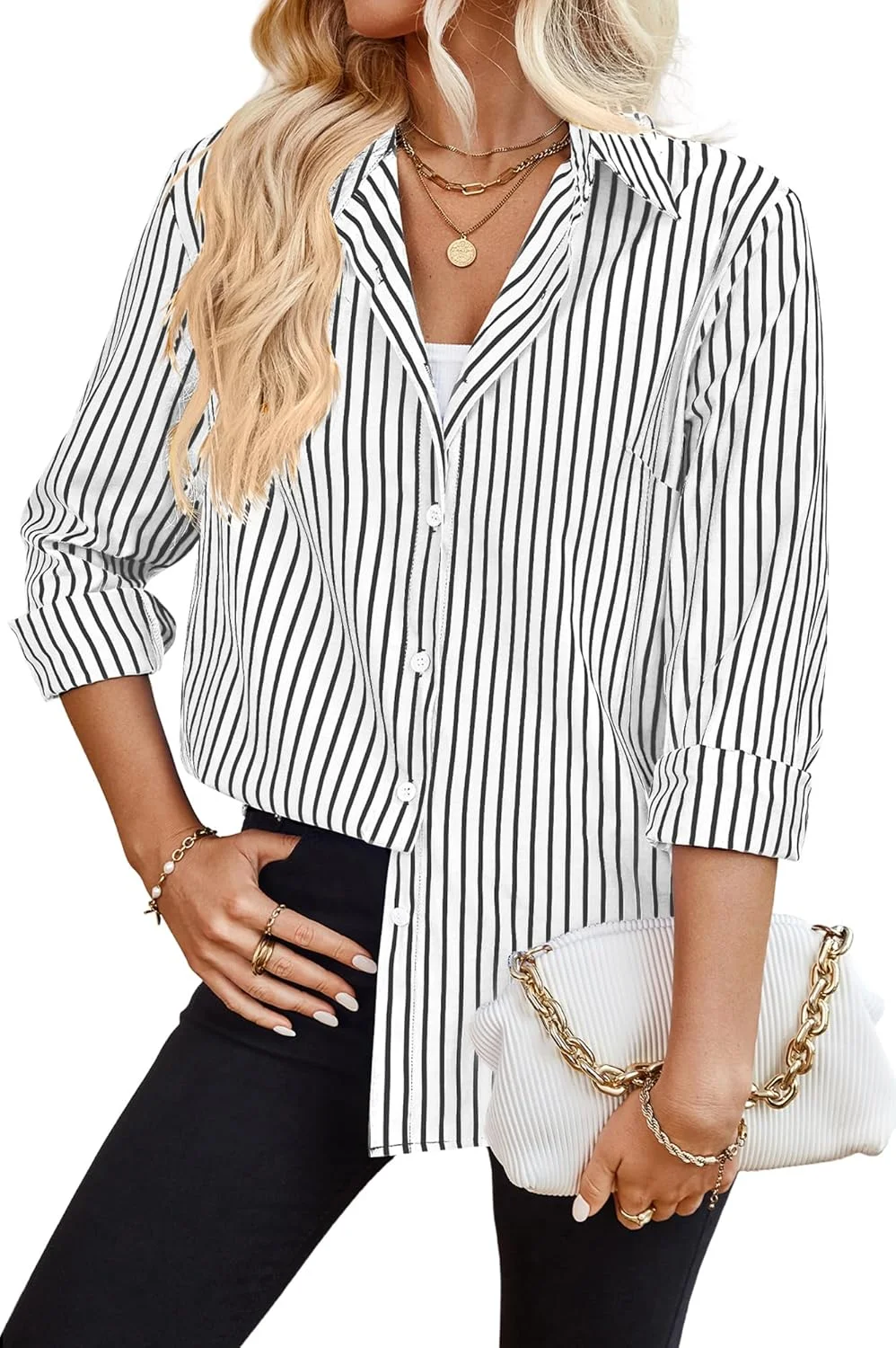 بلوز زنانه دکمه دار Happy Cherry، آستین بلند، یقه هفت، طرح راه راه، مناسب استفاده روزمره