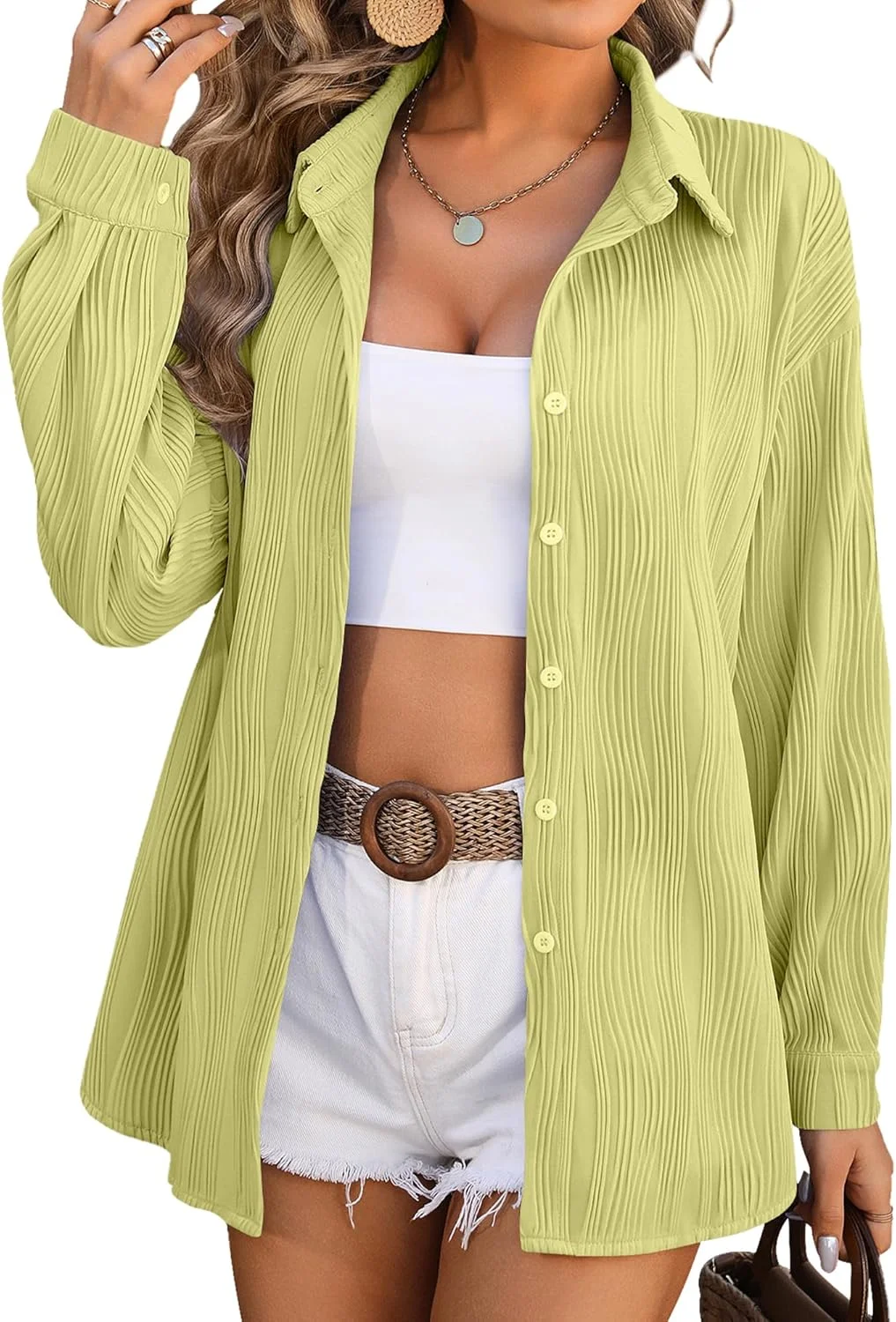 پیراهن زنانه دکمه دار هپی چری، تاپ با بافت موج دار بزرگ، بلوز شیک و کلاسیک، مناسب کار و محیط اداری