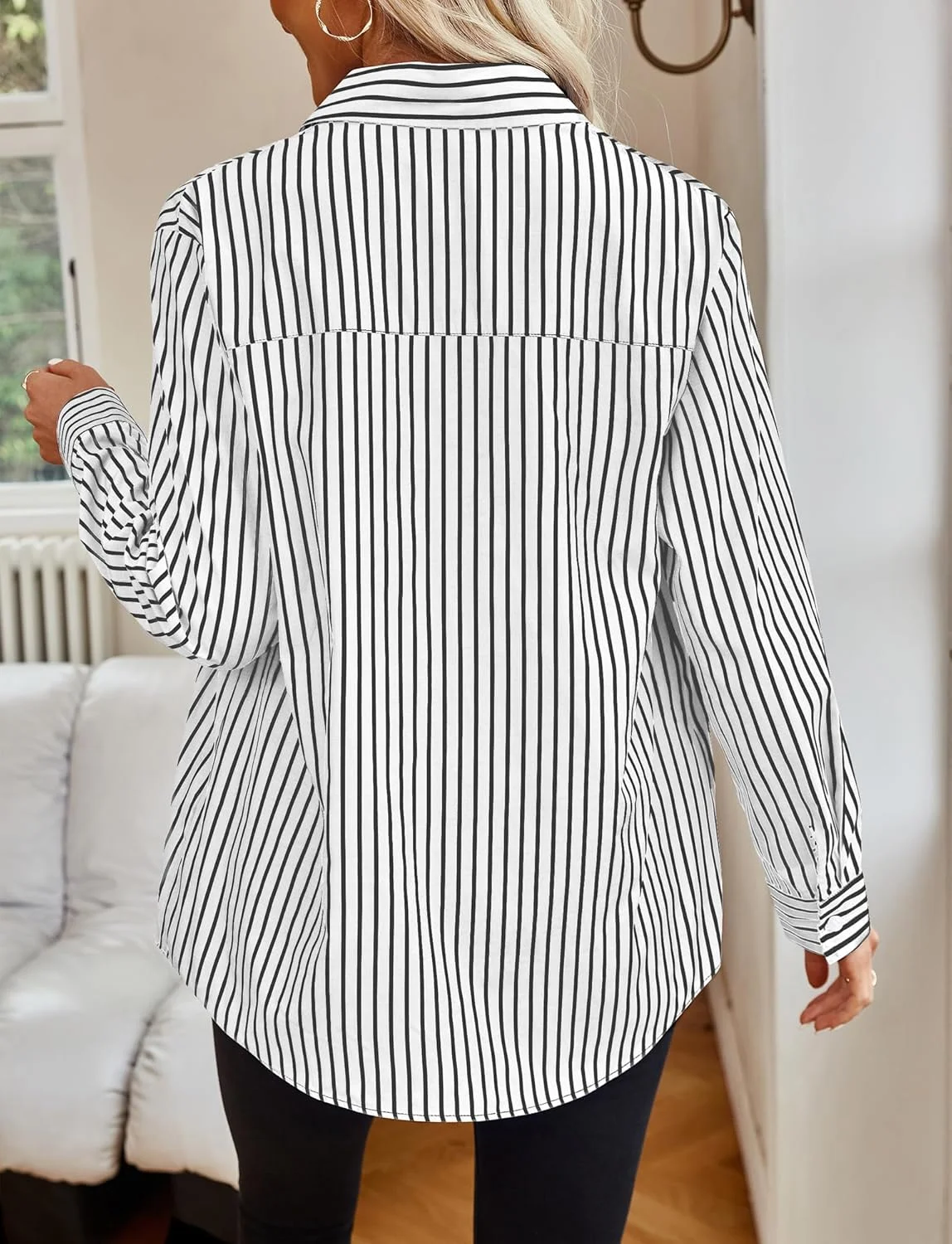 بلوز زنانه دکمه دار Happy Cherry، آستین بلند، یقه هفت، طرح راه راه، مناسب استفاده روزمره