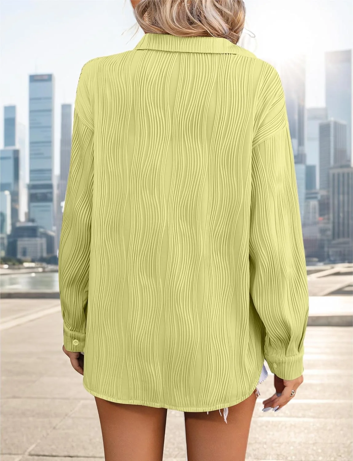 پیراهن زنانه دکمه دار هپی چری، تاپ با بافت موج دار بزرگ، بلوز شیک و کلاسیک، مناسب کار و محیط اداری