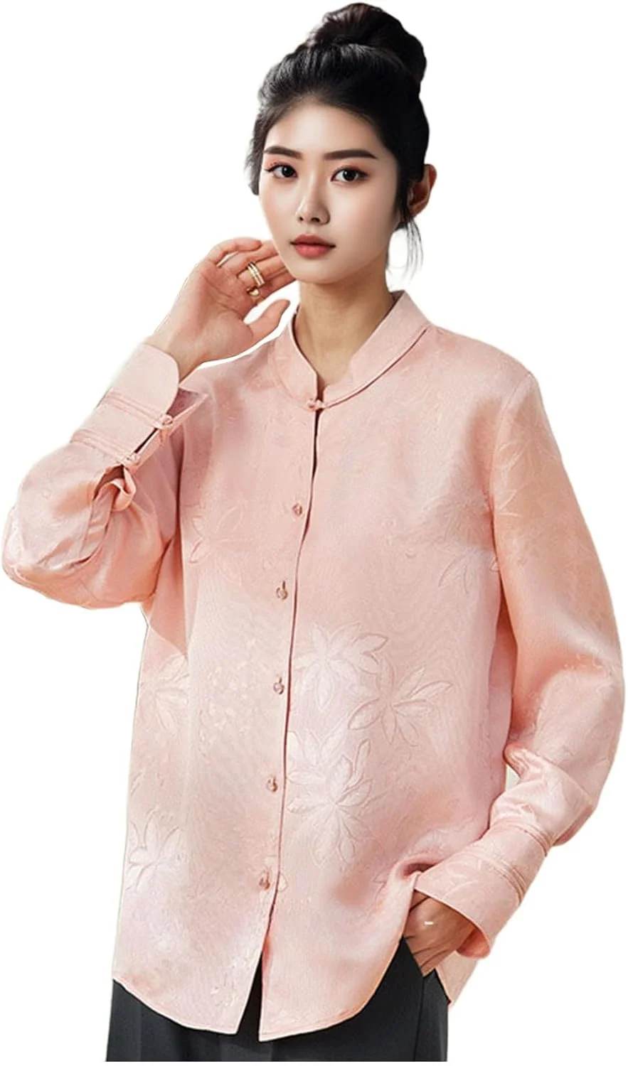 HangErFeng بلوز زنانه ابریشمی ژاکارد طرح گل آستین بلند صورتی دکمه دار پیراهن مجلسی 245