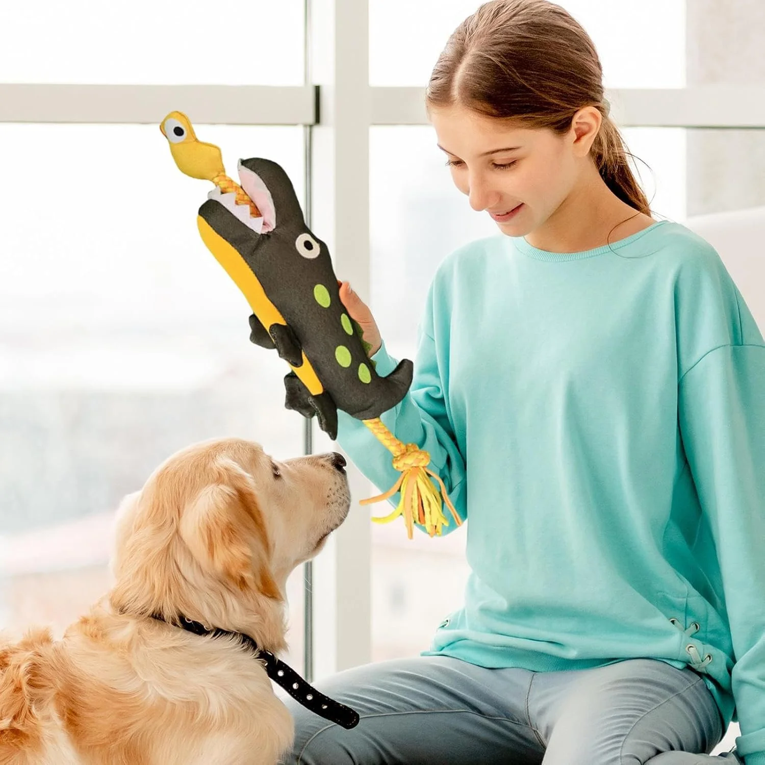 اسباب بازی جویدنی توله سگ - دندان گیر طرح کروکودیل و اردک، عروسک صدادار اسباب بازی جویدنی سگ - برای پرتاب کردن، اتاق نشیمن، بالکن، حیاط، نژادهای کوچک، متوسط و بزرگ