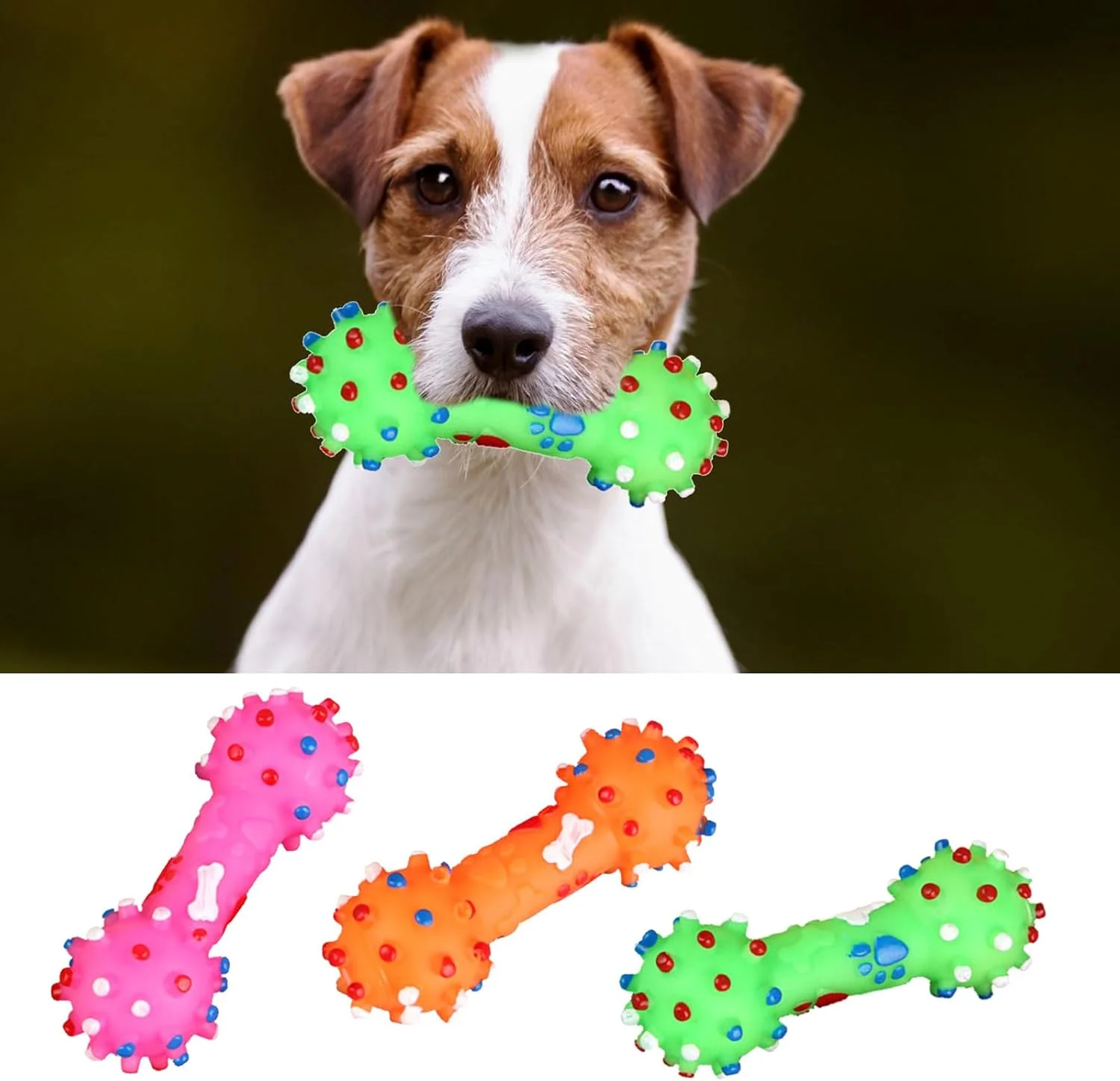 اسباب بازی دمبل جیرجیر کننده برای سگ و گربه، جویدنی لاستیکی، بازی ایمن در داخل و خارج از خانه، اسباب بازی دمبل جیرجیر کننده قابل حمل برای سگ