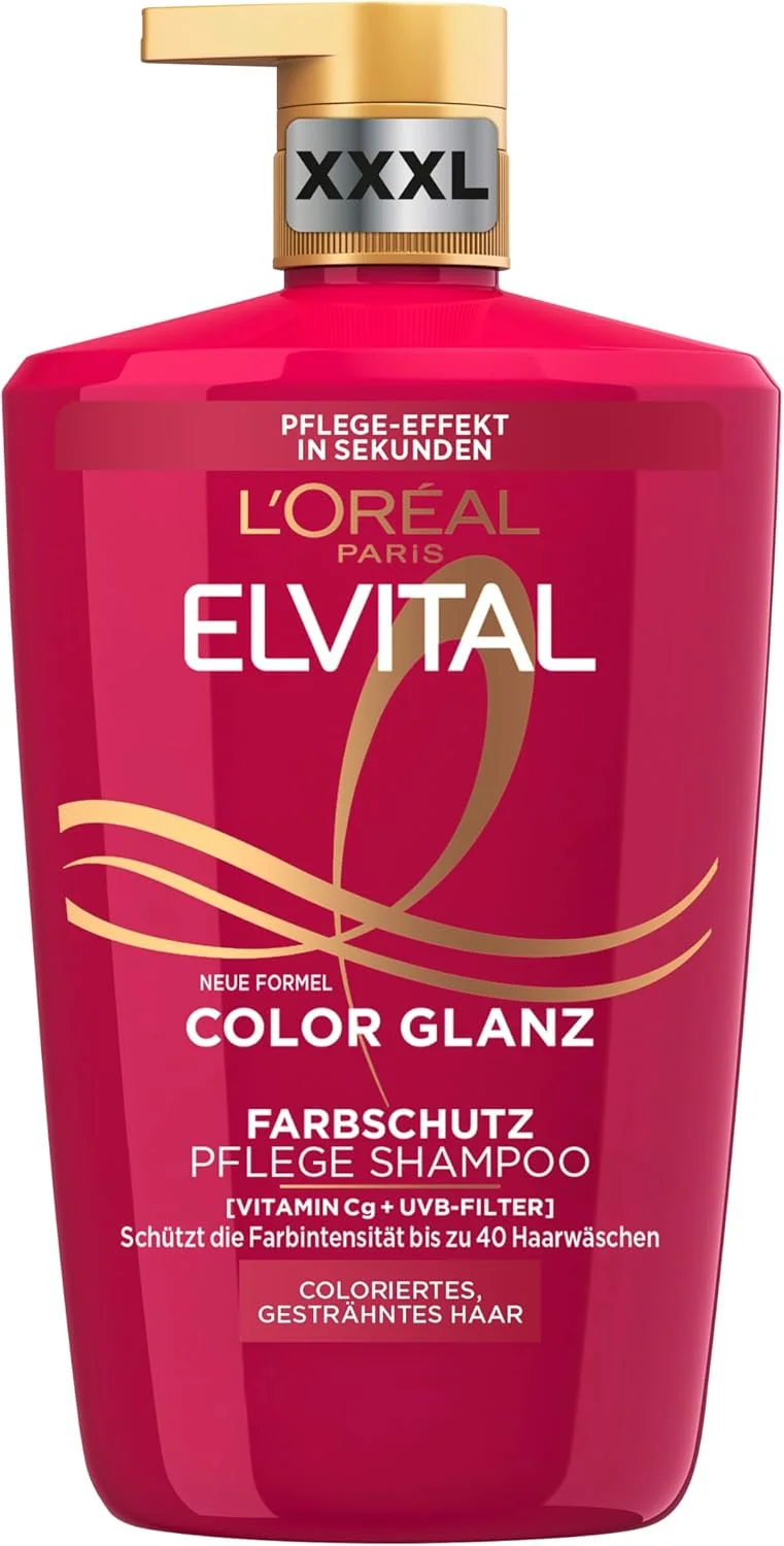 شامپو محافظت از رنگ مو لورآل پاریس Elvital XXXL مناسب موهای رنگ شده، هایلایت شده یا رنگساژ شده، حاوی عصاره گل صد تومانی و فیلتر UVA/UVB، شامپو مراقبت از درخشندگی رنگ مو، 1 عدد 1000 میلی لیتر
