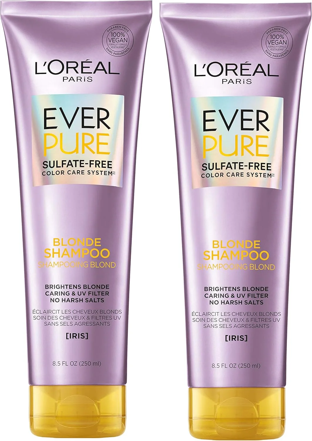 شامپو بدون سولفات لورآل پاریس EverPure Blonde مناسب موهای رنگ شده، خنثی کننده زردی + متعادل کننده، برای موهای بلوند، 2 عدد (هر کدام 250 میلی لیتر)