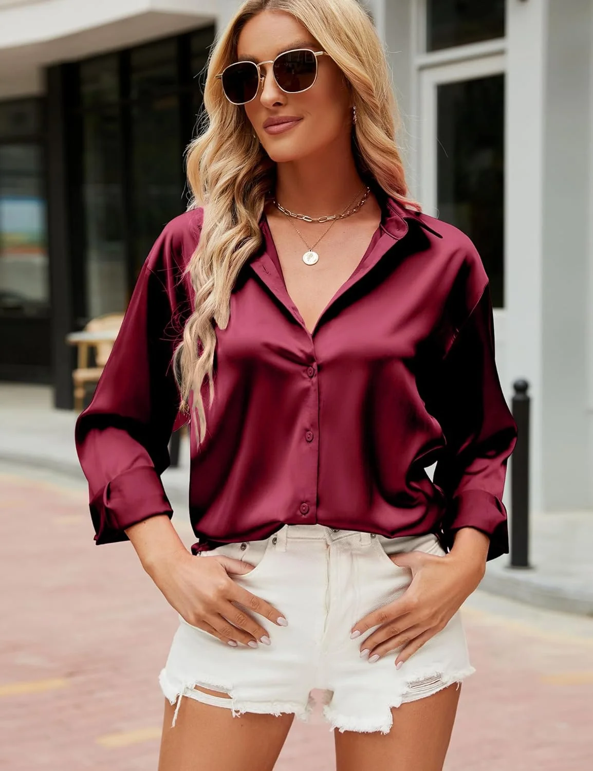 بلوز زنانه آستین بلند HANERDUN، پیراهن یقه هفت ابریشمی، تاپ های شیک و غیر رسمی، دکمه دار، مناسب کار، بلوز ساده (WINERED_L)