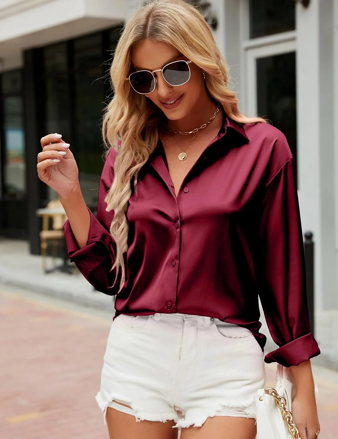 بلوز آستین بلند زنانه HANERDUN، پیراهن یقه هفت ابریشمی، تاپ های غیر رسمی شیک، بلوز دکمه دار ساده مناسب کار (شرابی_M)