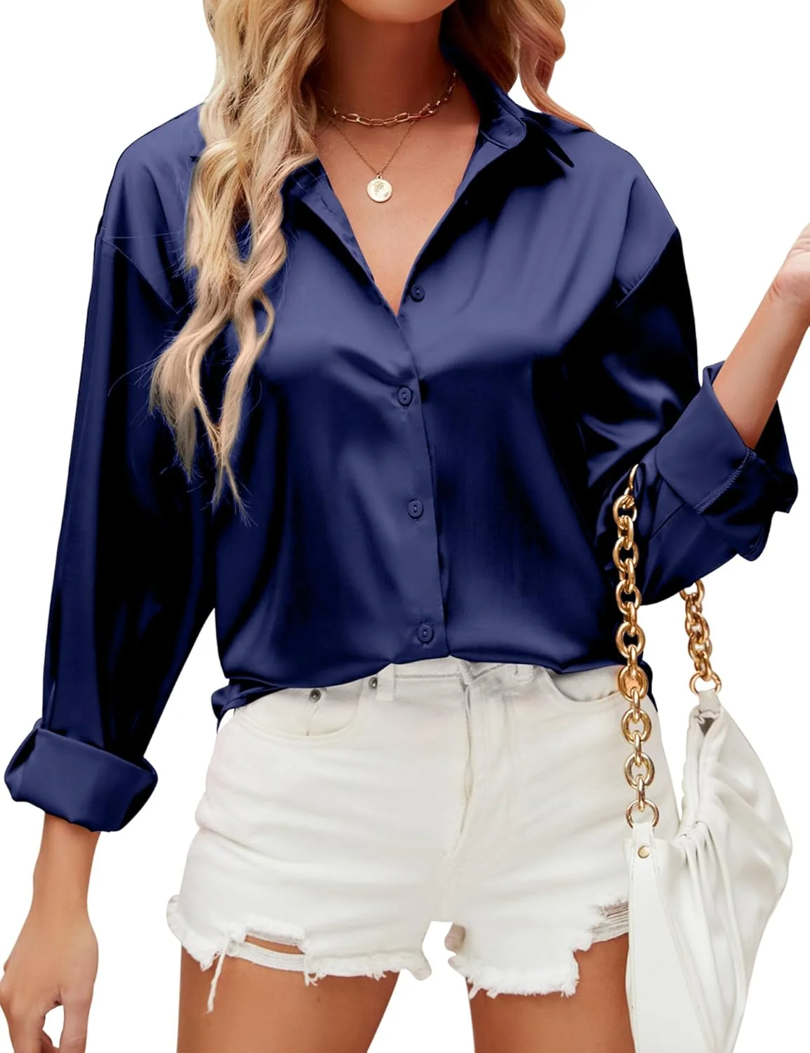 بلوز زنانه آستین بلند HANERDUN، پیراهن یقه هفت ابریشمی، تاپ های شیک و غیر رسمی، دکمه دار، مناسب کار، بلوز ساده (آبی سرمه ای_2XL)