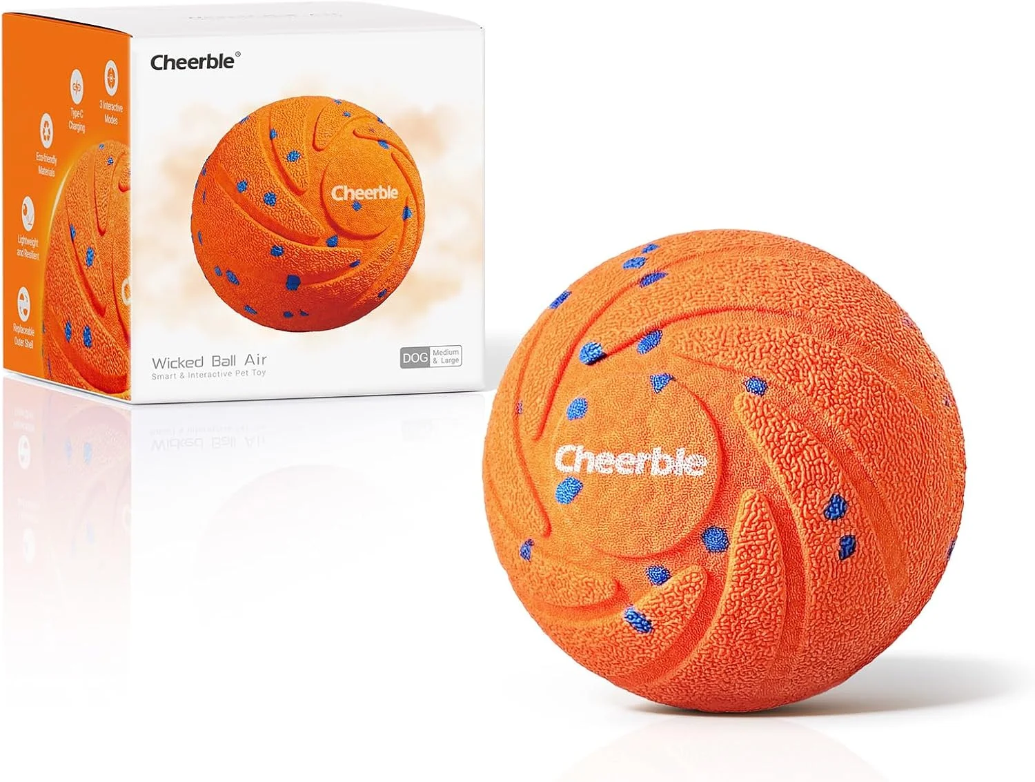 توپ بازی تعاملی سگ Cheerble - Wicked Ball AIR، توپ بازی خودکار جهشی، متحرک و چرخشی برای سگ، توپ های غلتکی فعال برای سگ های متوسط و بزرگ، جنس E-TPU، ضد آب IPX7، قابل شارژ - نارنجی