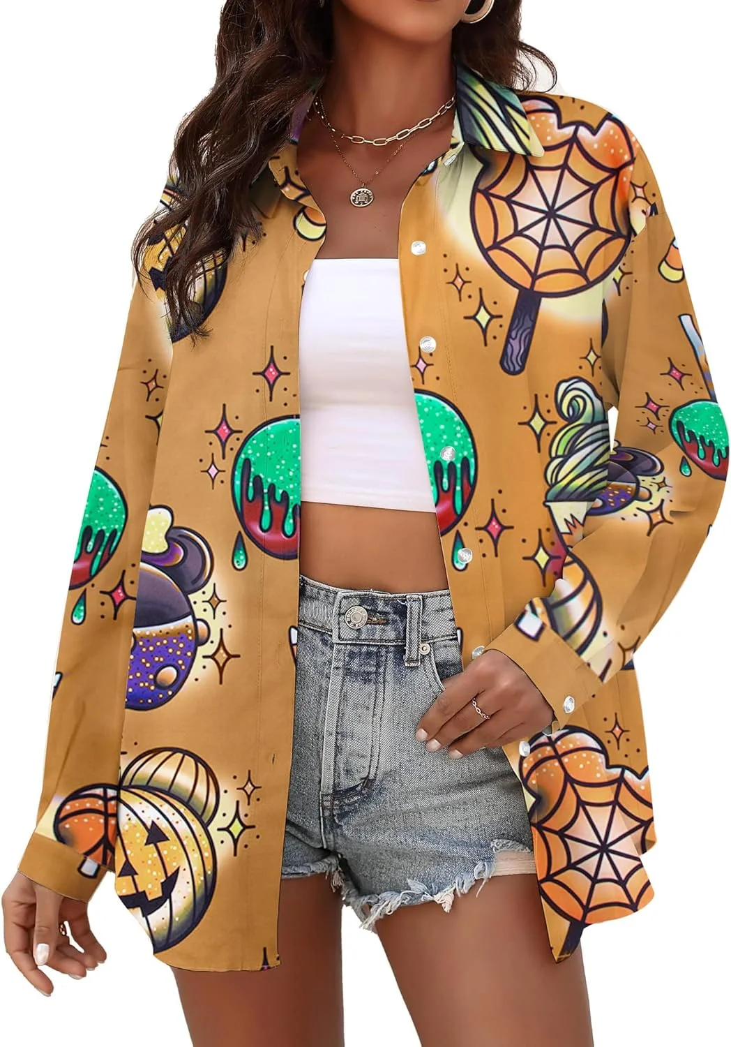 تی شرت هالووین زنانه طرح کدو تنبل آستین بلند دکمه دار