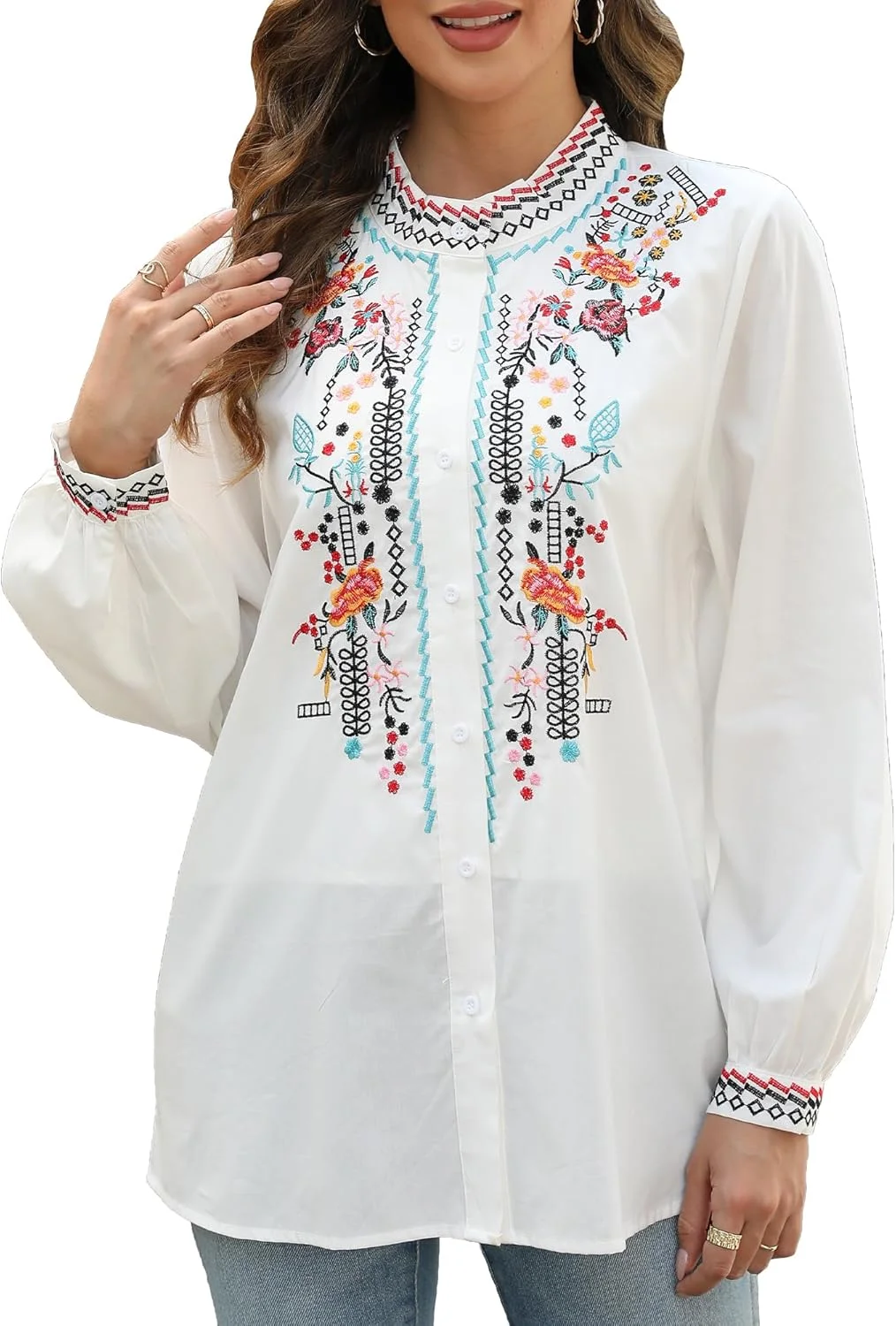 بلوزهای آستین بلند سنتی مکزیکی Grosy برای زنان، تاپ های گلدوزی شده بوهو، پیراهن های دکمه دار غیر رسمی، فیستا