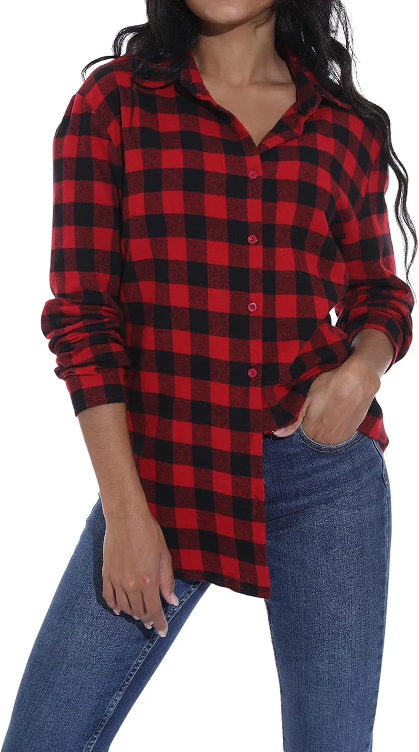 پیراهن آستین بلند زنانه GUANYY، پیراهن فلانل دکمه دار کلاسیک، بلوز چهارخانه نخی گشاد، قرمز مشکی، XXL