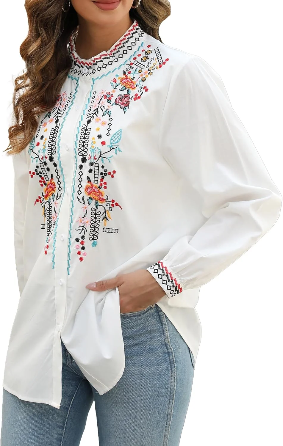 بلوزهای آستین بلند سنتی مکزیکی Grosy برای زنان، تاپ های گلدوزی شده بوهو، پیراهن های دکمه دار غیر رسمی، فیستا
