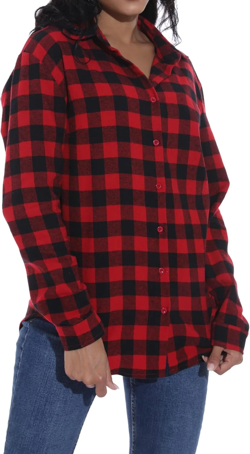 پیراهن آستین بلند زنانه GUANYY، پیراهن فلانل دکمه دار کلاسیک، بلوز چهارخانه نخی گشاد، قرمز مشکی، XXL