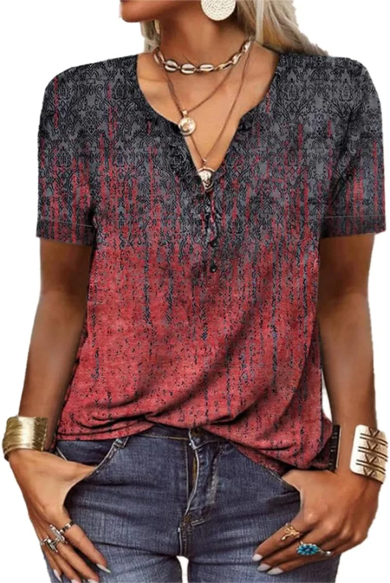 بلوز آستین بلند زنانه GRMLRPT، پیراهن یقه گرد دکمه دار، آستین بلند غیر رسمی، طرح گلدار رنگارنگ (چند رنگ، S)، آستین کوتاه قرمز، XXL