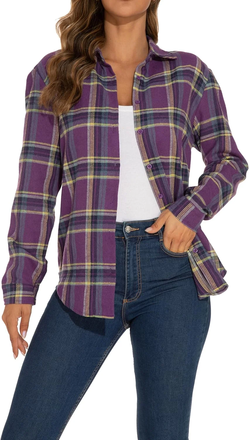 پیراهن چهارخانه کلاسیک زنانه GUANYY - مدل آزاد و آستین بلند