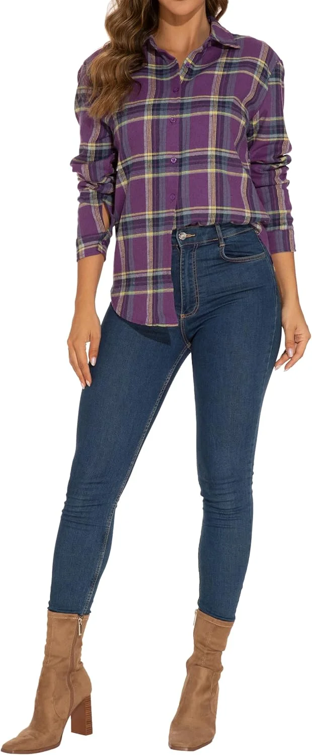 پیراهن چهارخانه کلاسیک زنانه GUANYY - مدل آزاد و آستین بلند