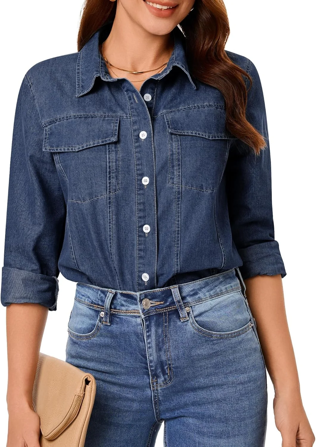 پیراهن جین دکمه دار زنانه GRAPENT آستین بلند سبک وزن غیر رسمی یقه دار جیب دار