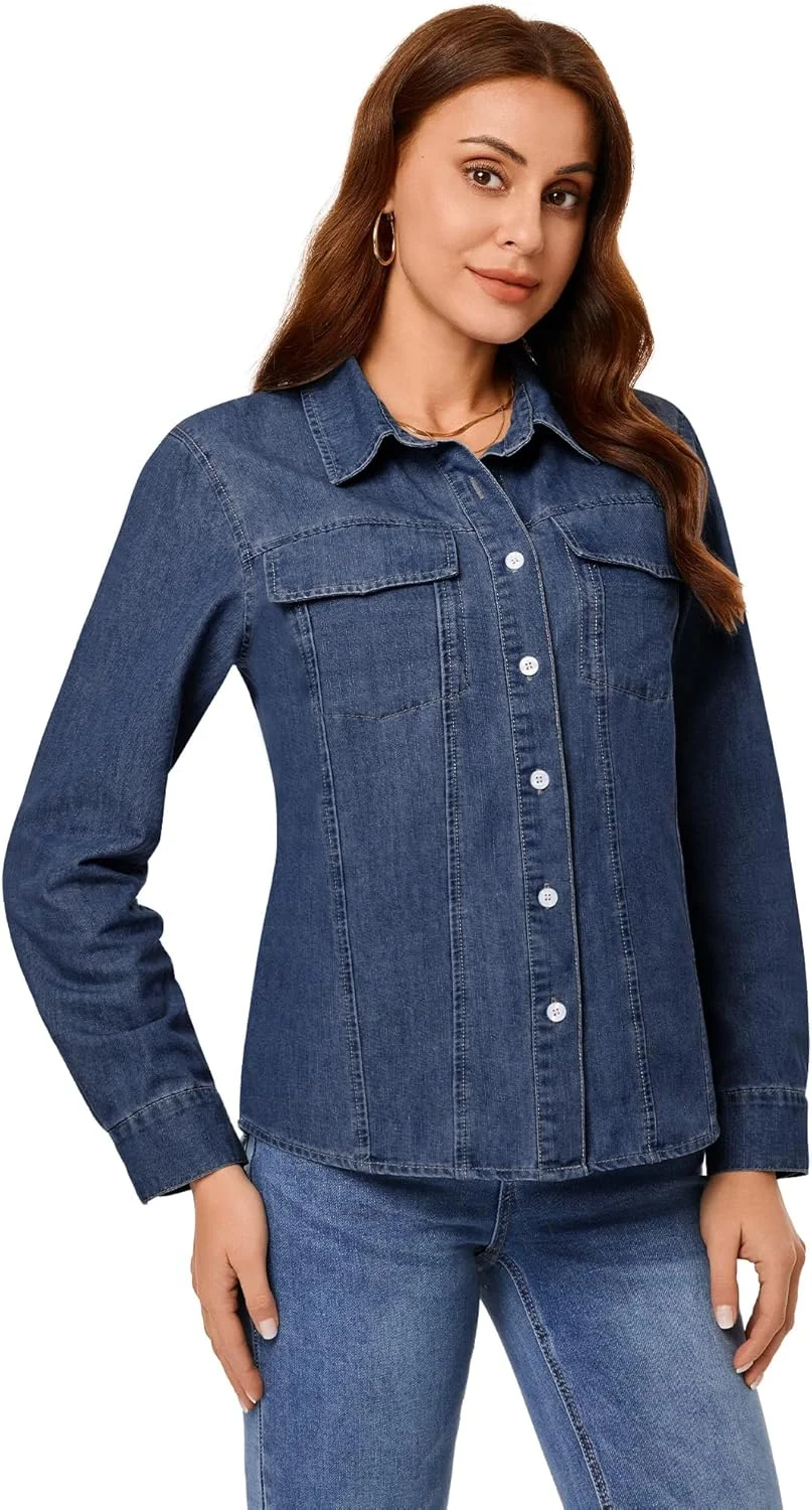 پیراهن جین دکمه دار زنانه GRAPENT آستین بلند سبک وزن غیر رسمی یقه دار جیب دار