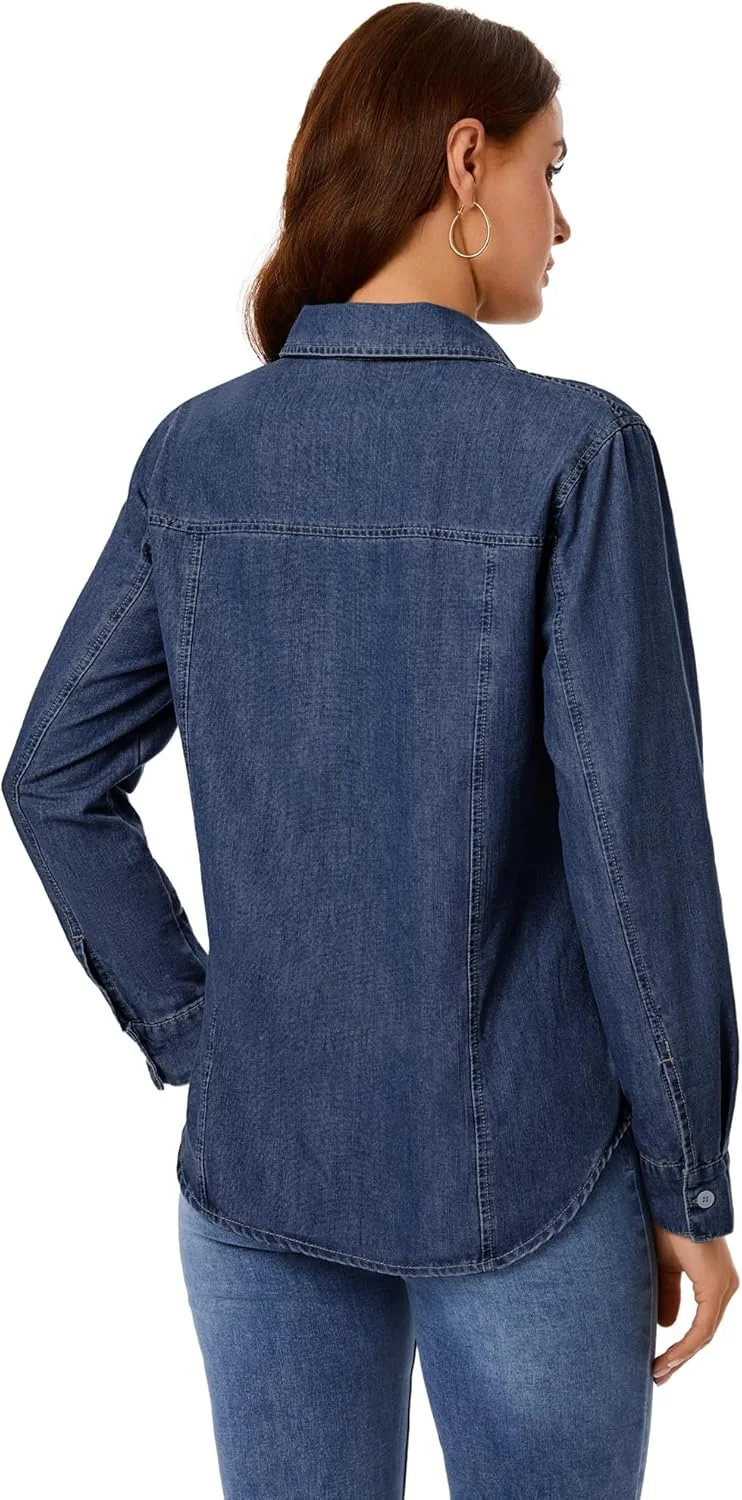 پیراهن جین دکمه دار زنانه GRAPENT آستین بلند سبک وزن غیر رسمی یقه دار جیب دار