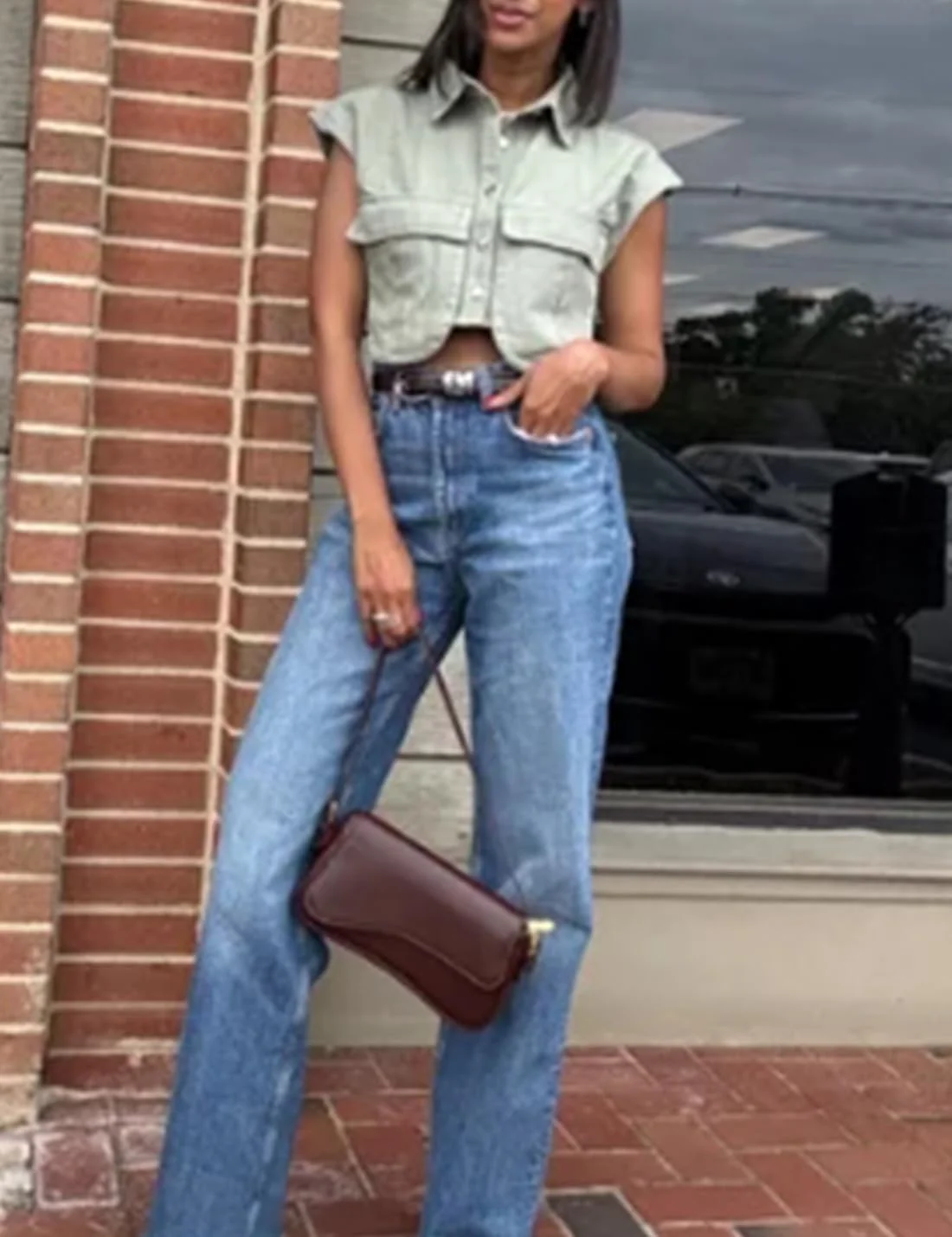 گراتورینا تاپ جین زنانه دکمه دار آستین حلقه ای مدل Y2k