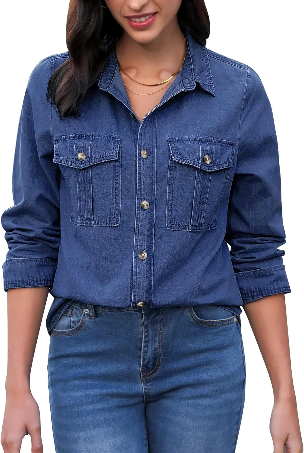 پیراهن جین دکمه دار زنانه GRAPENT، آستین بلند، مدل غربی، کتان غیر رسمی، مدل آزاد، کت پیراهن جین، آبی کبالت، M