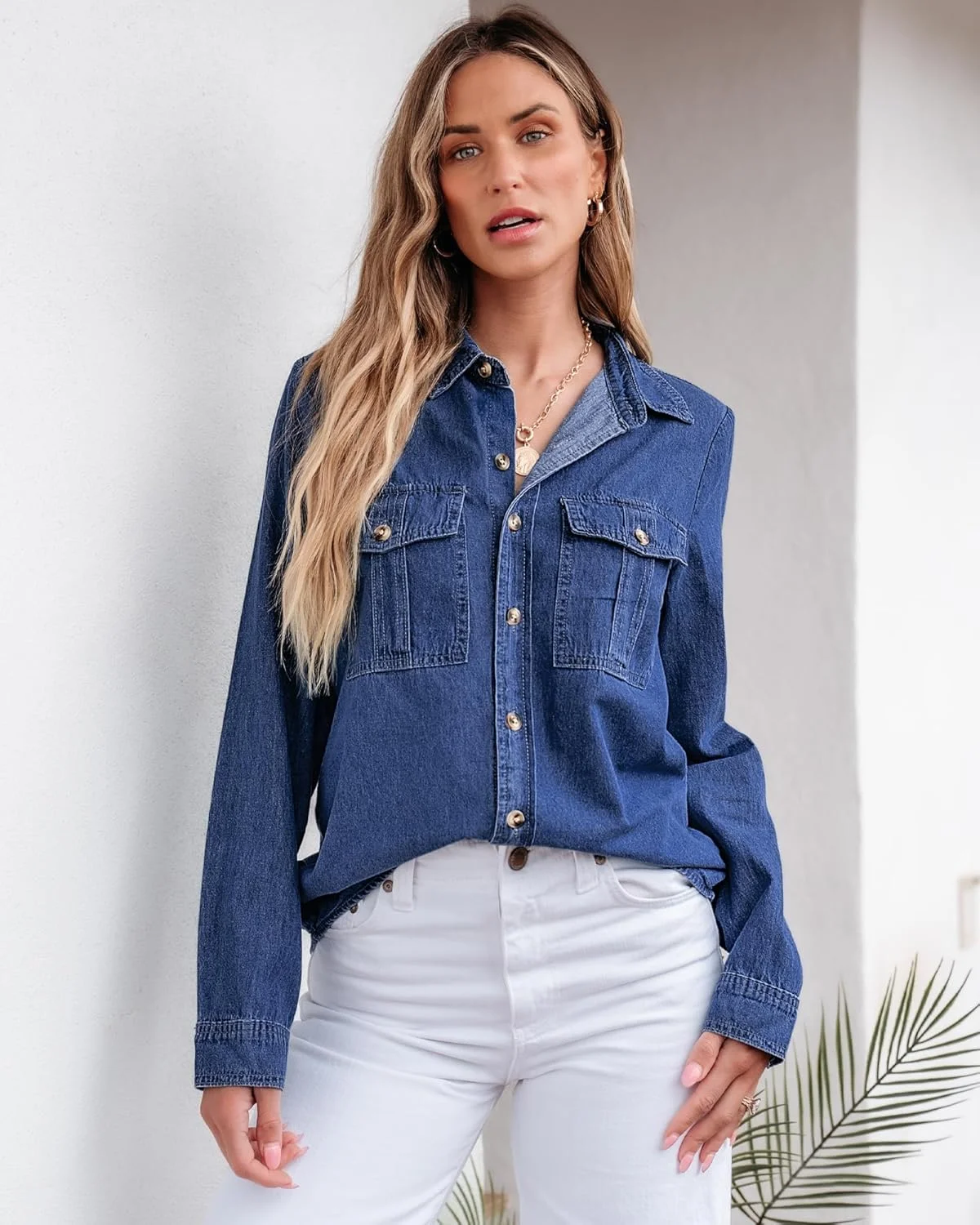 پیراهن جین دکمه دار زنانه GRAPENT، آستین بلند، مدل غربی، کتان غیر رسمی، مدل آزاد، کت پیراهن جین، آبی کبالت، M