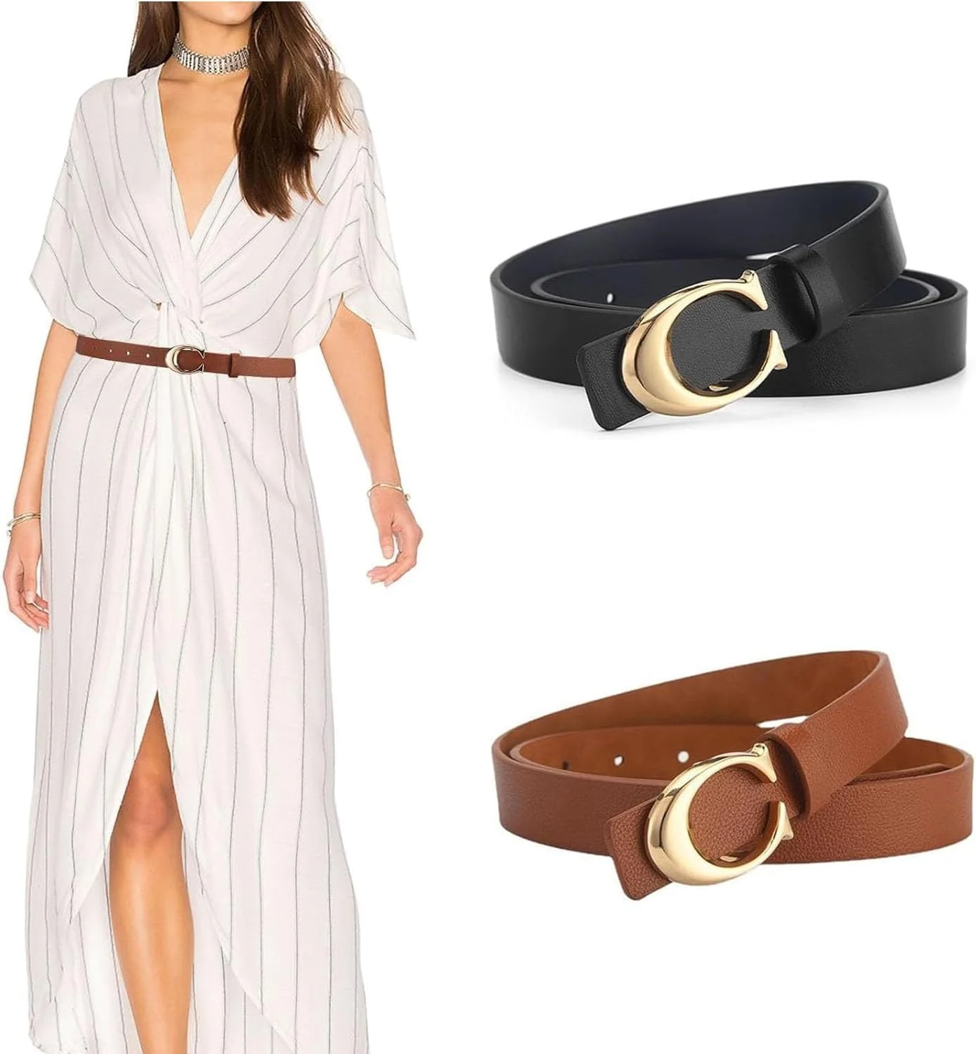 ست 2 عددی کمربند چرمی زنانه Goodern، کمربندهای کلاسیک PU با سگک طلایی C شکل، سایز قابل تنظیم برای زنان/دختران - مشکی+خاکی ست 2 عددی کمربند چرمی زنانه Goodern، کمربندهای کلاسیک PU با سگک طلایی C شکل، سایز قابل تنظیم برای زنان/دختران - مشکی+خاکی