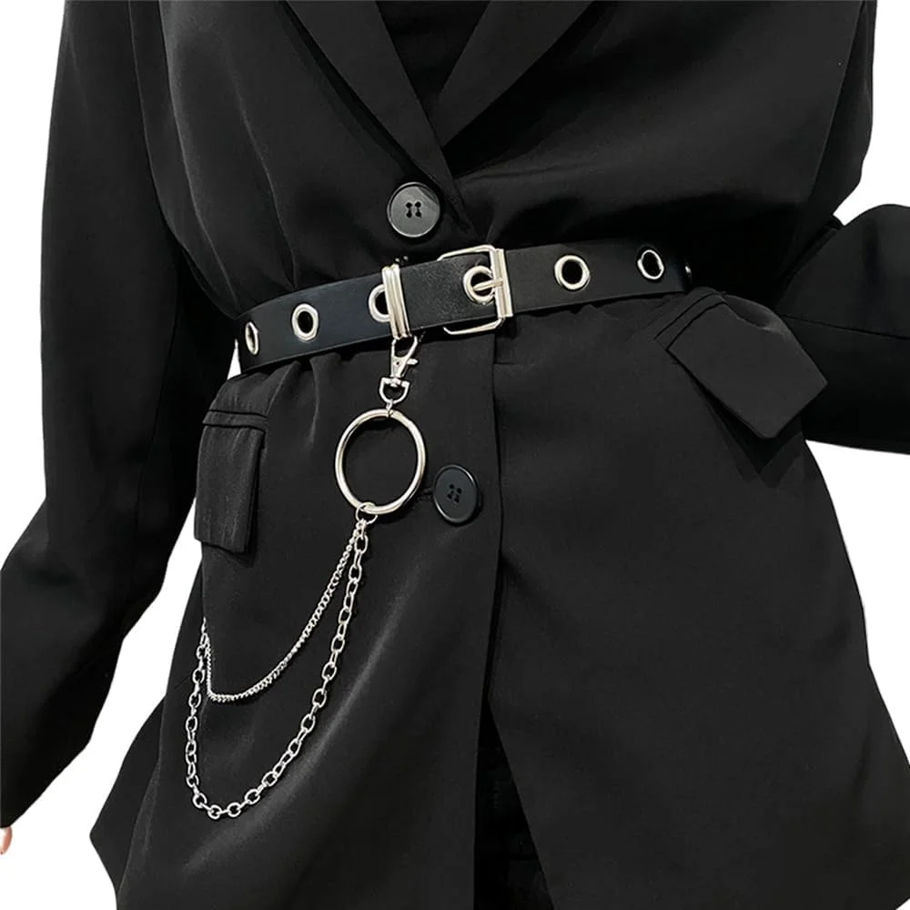 کمربند پانک چرمی PU گودرن، کمربند پانک تزئینی یکپارچهسازی با زنجیر جداشدنی، کمربند مشکی پانک برای زنان و مردان، کمربندهای لوازم جانبی مد راک برای شلوار جین، کمربندهای کمر پانک راک زنانه و مردانه