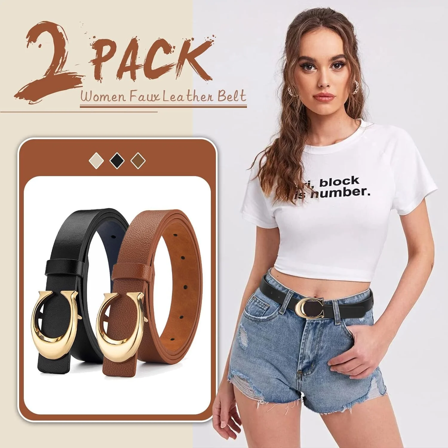 ست 2 عددی کمربند چرمی زنانه Goodern، کمربندهای کلاسیک PU با سگک طلایی C شکل، سایز قابل تنظیم برای زنان/دختران - مشکی+خاکی ست 2 عددی کمربند چرمی زنانه Goodern، کمربندهای کلاسیک PU با سگک طلایی C شکل، سایز قابل تنظیم برای زنان/دختران - مشکی+خاکی