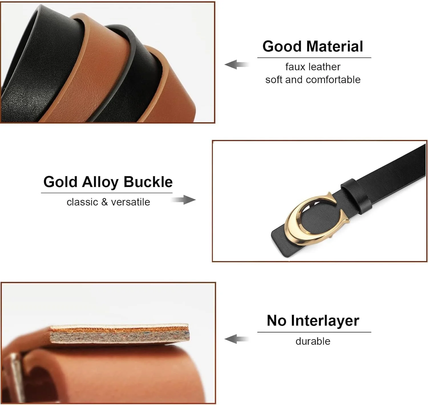 ست 2 عددی کمربند چرمی زنانه Goodern، کمربندهای کلاسیک PU با سگک طلایی C شکل، سایز قابل تنظیم برای زنان/دختران - مشکی+خاکی ست 2 عددی کمربند چرمی زنانه Goodern، کمربندهای کلاسیک PU با سگک طلایی C شکل، سایز قابل تنظیم برای زنان/دختران - مشکی+خاکی