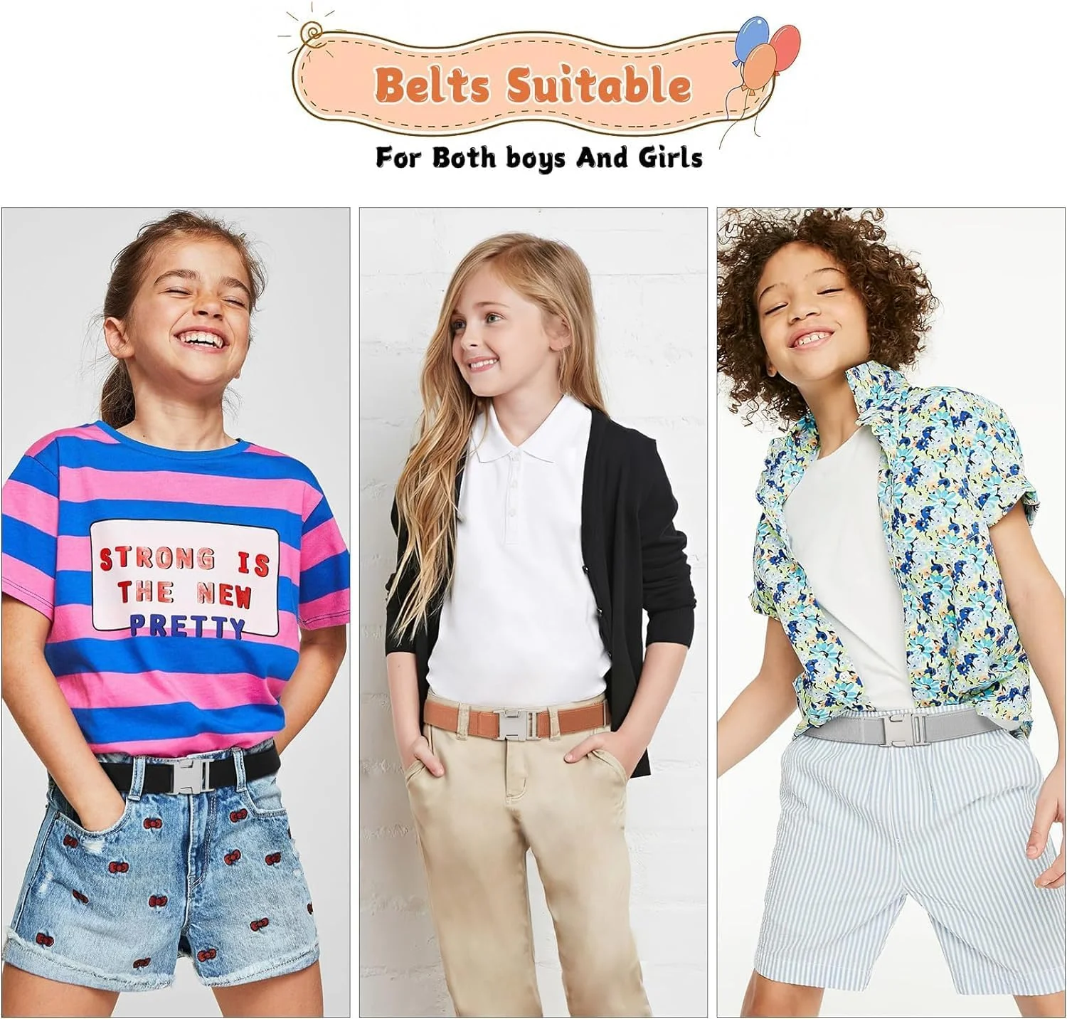ست 3 عددی کمربند کشی سگک دار کودکانه Goodern، کمربند کشی قابل تنظیم برای کودکان با سگک مربعی نقره ای، کمربند شیک زنانه و مردانه برای شلوار جین، دامن، کمربند کشی برای پسران و دختران - مشکی+قهوه ای+خاکستری