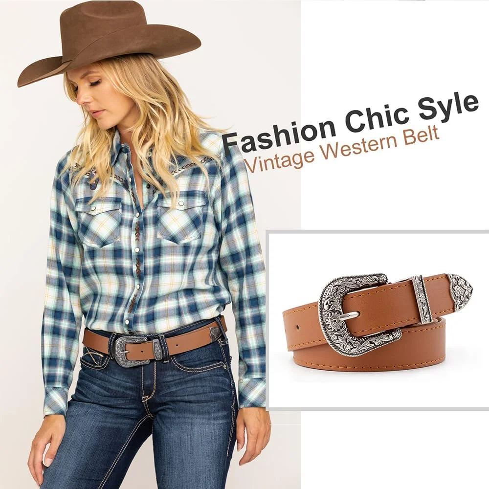 کمربند زنانه Goodern طرح وسترن وینتیج، کمربند چرمی مصنوعی زنانه با سگک گل دار توخالی، کمربند کمر کابوی و دختر گاوچران، کمربندهای چرمی مصنوعی رترو زنانه برای شلوار جین و پیراهن - شتری