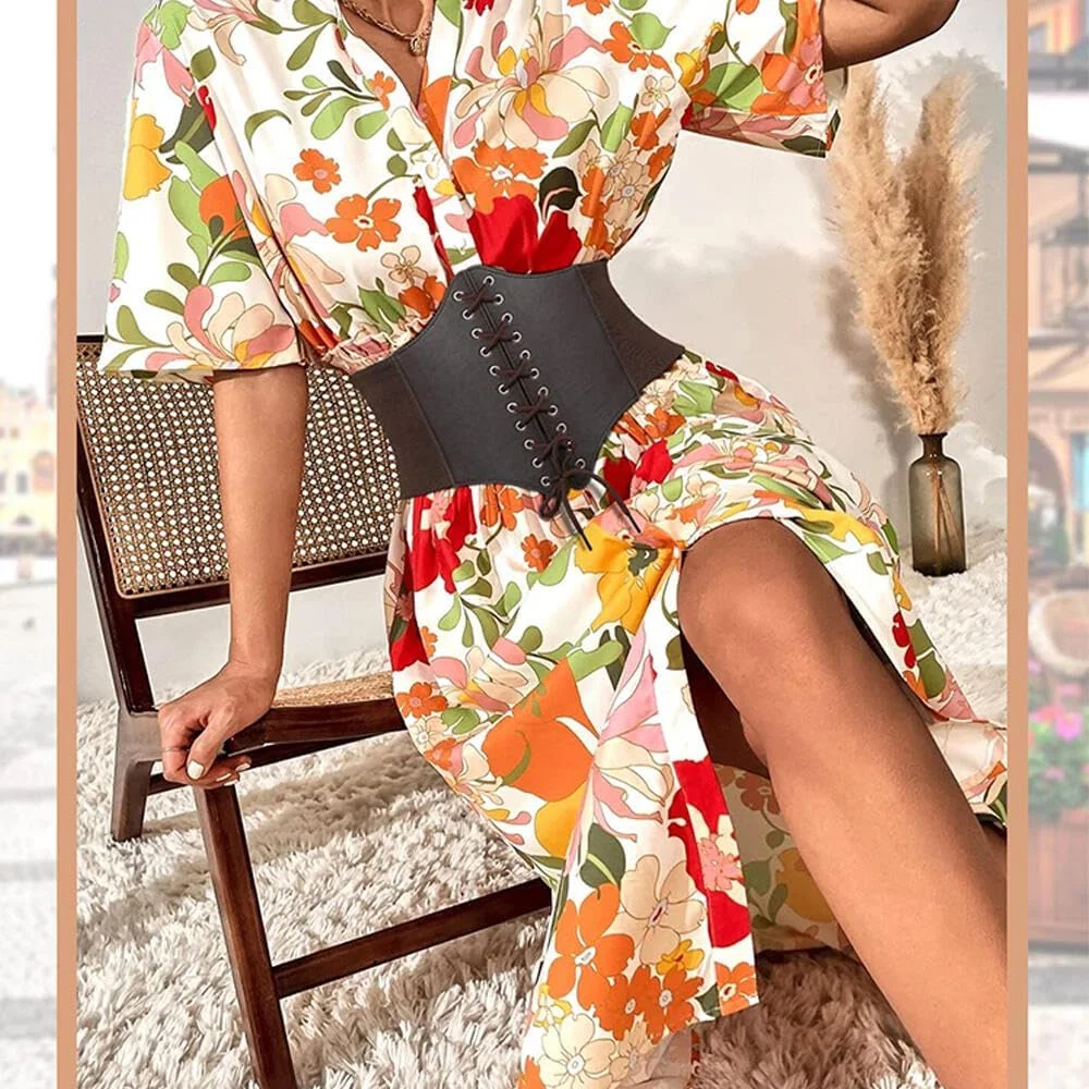 کمربند کرست زنانه Goodern، کمربند پهن الاستیک چرمی PU، کمربند باریک توری یکپارچهسازی با طعم و مزه برای لباس - قهوه ای