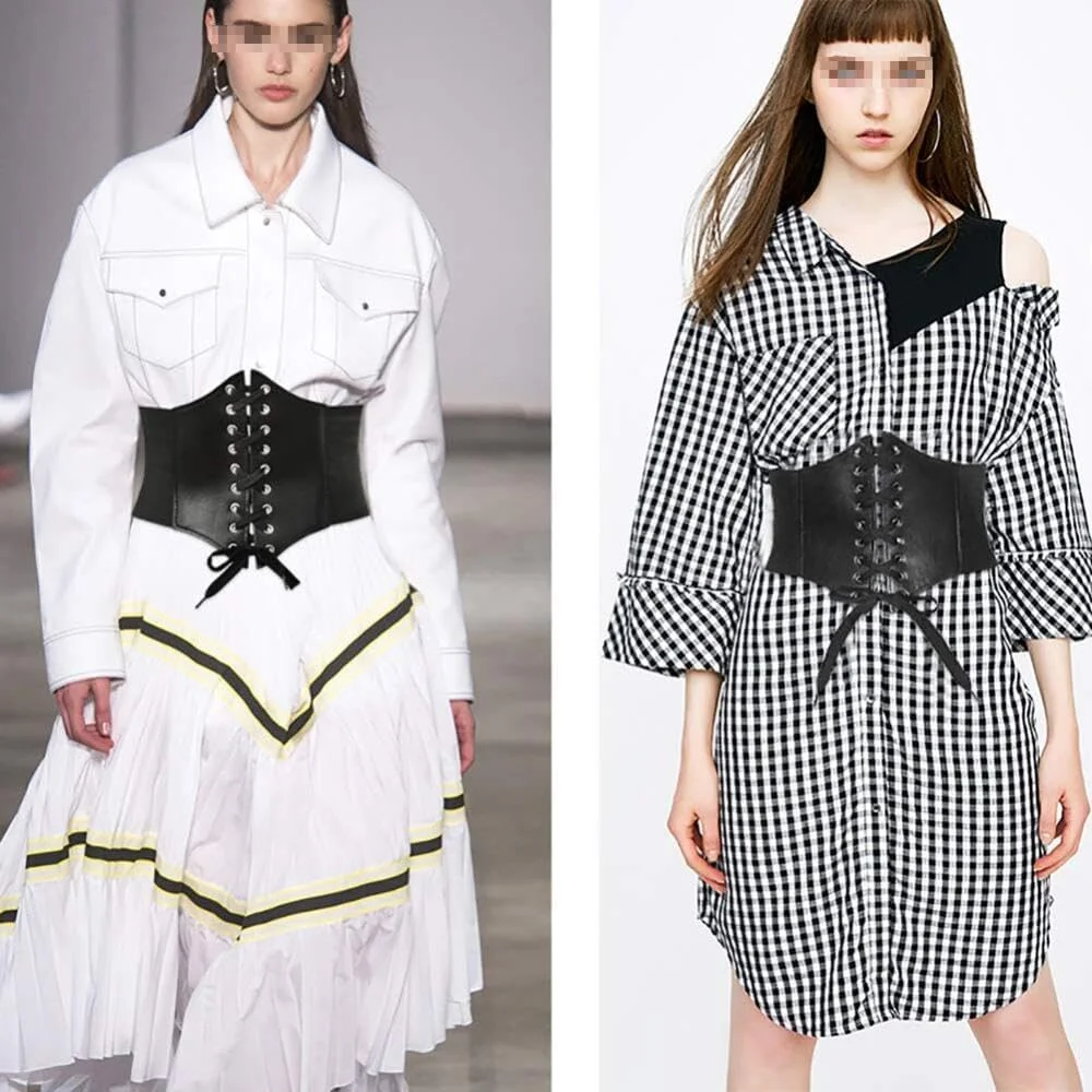 کمربند کرست زنانه Goodern، کمربند پهن الاستیک چرمی PU، کمربند باریک توری یکپارچهسازی با طعم و مزه برای لباس - قهوه ای