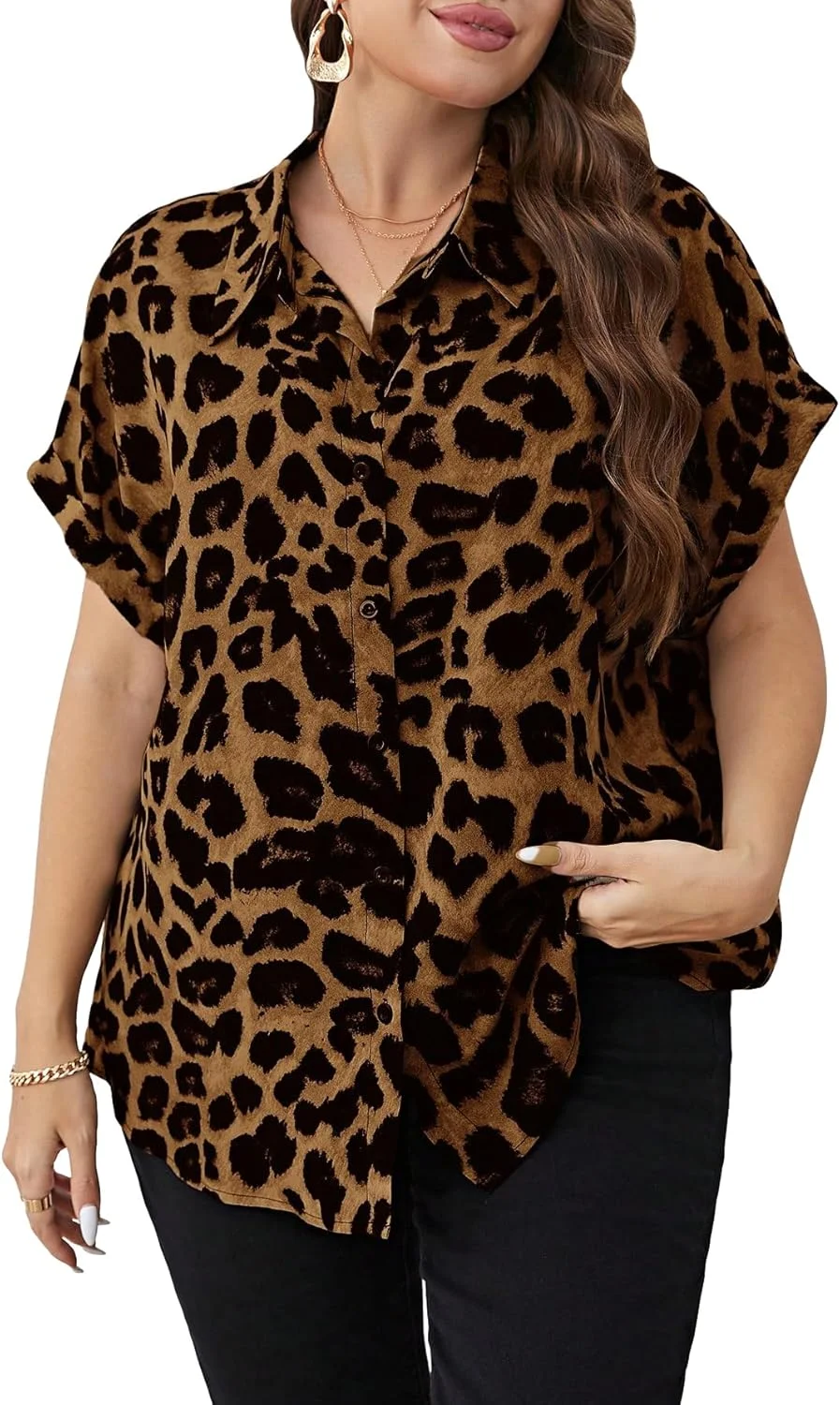بلوز آستین کوتاه زنانه سایز بزرگ گورگلیتر با طرح پلنگی و دکمه دار