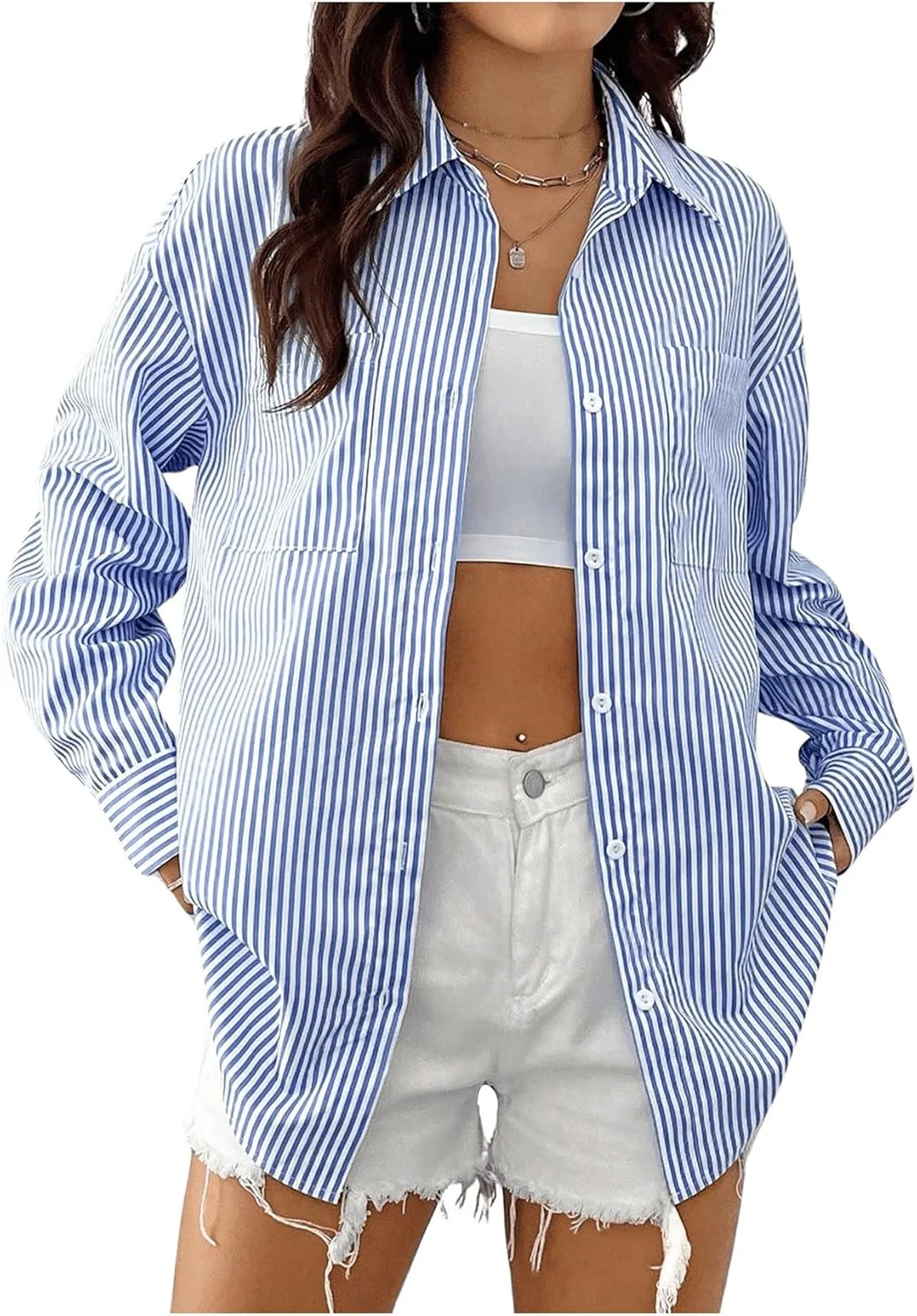 بلوز آستین بلند زنانه GORGLITTER، راه راه، دکمه دار، یقه دار، پیراهن گشاد با جیب