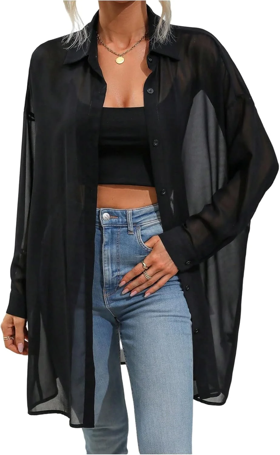 پیراهن های بلند زنانه GORGLITTER، دکمه دار، یقه دار، آستین بلند، بلوزهای غیر رسمی گشاد