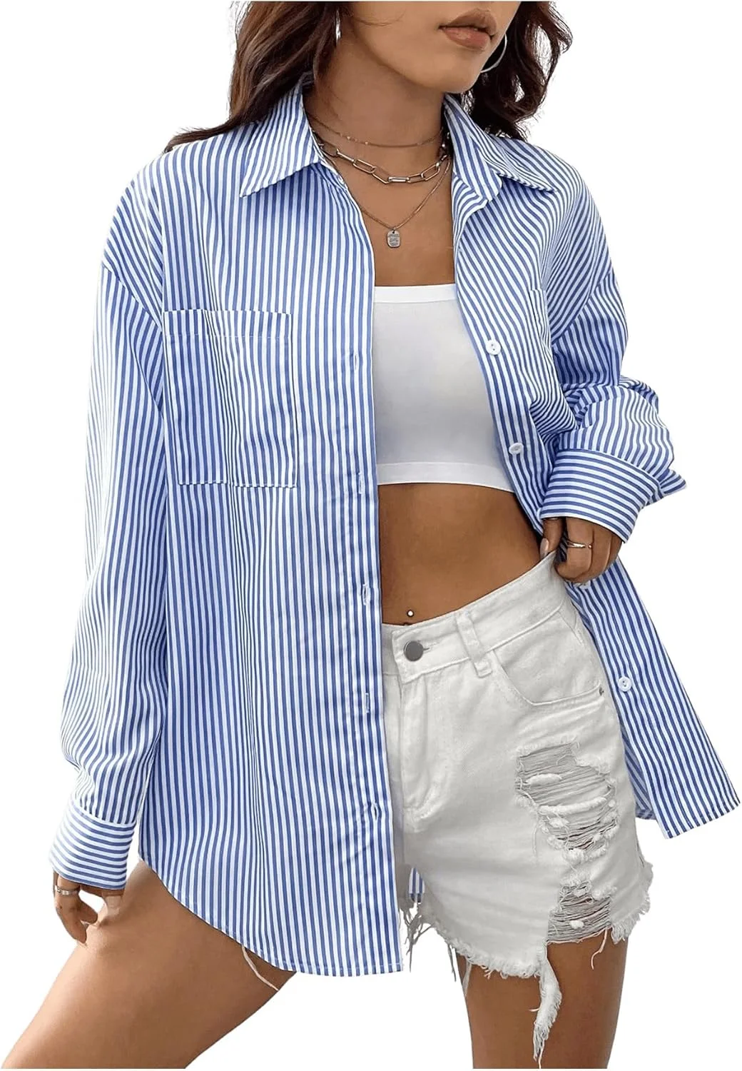 بلوز آستین بلند زنانه GORGLITTER، راه راه، دکمه دار، یقه دار، پیراهن گشاد با جیب