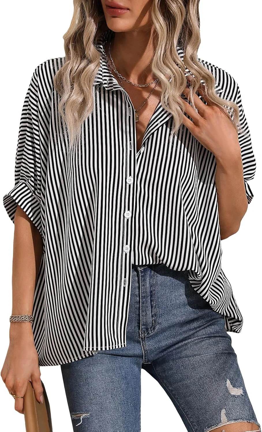 GORGLITTER بلوز زنانه راه راه آستین نیمه کلوش دکمه دار مشکی و سفید سایز M