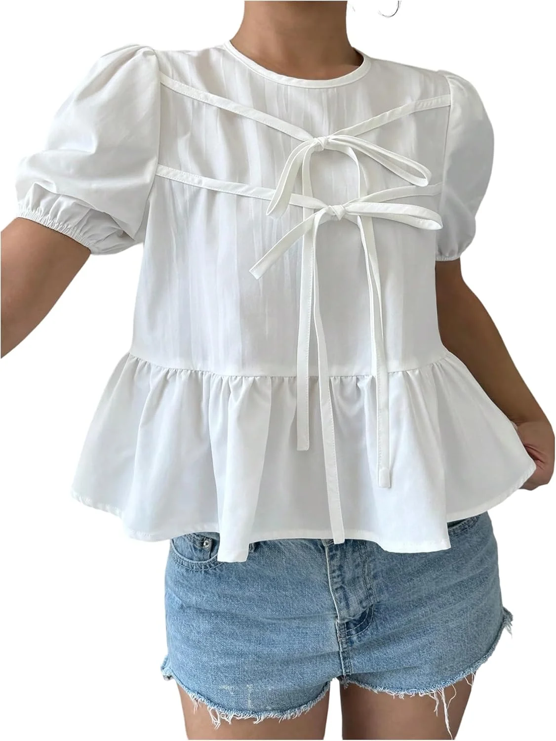 بلوز زنانه GORGLITTER با آستین کوتاه پفی پاپیونی، یقه گرد و مدل پیراهن کوتاه و زیبا