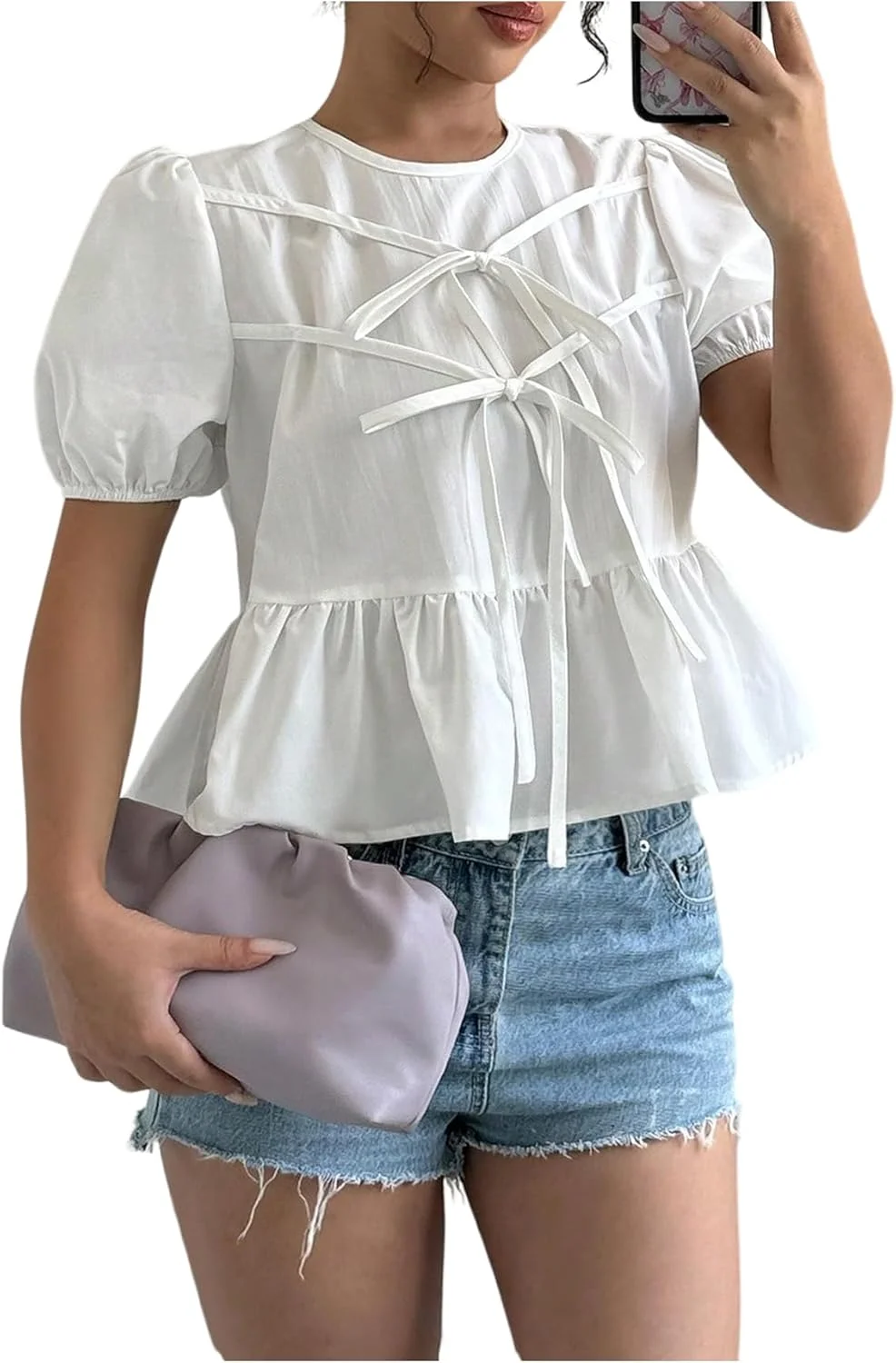 بلوز زنانه GORGLITTER با آستین کوتاه پفی پاپیونی، یقه گرد و مدل پیراهن کوتاه و زیبا