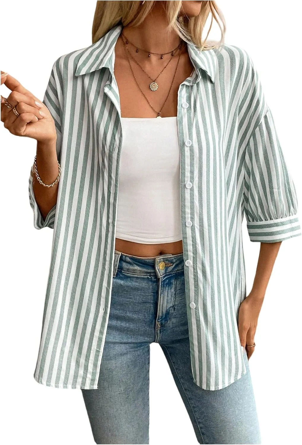 پیراهن زنانه گورگلیتر دکمه دار راه راه آستین سه ربع یقه دار گره ای جلو بلوزهای غیر رسمی