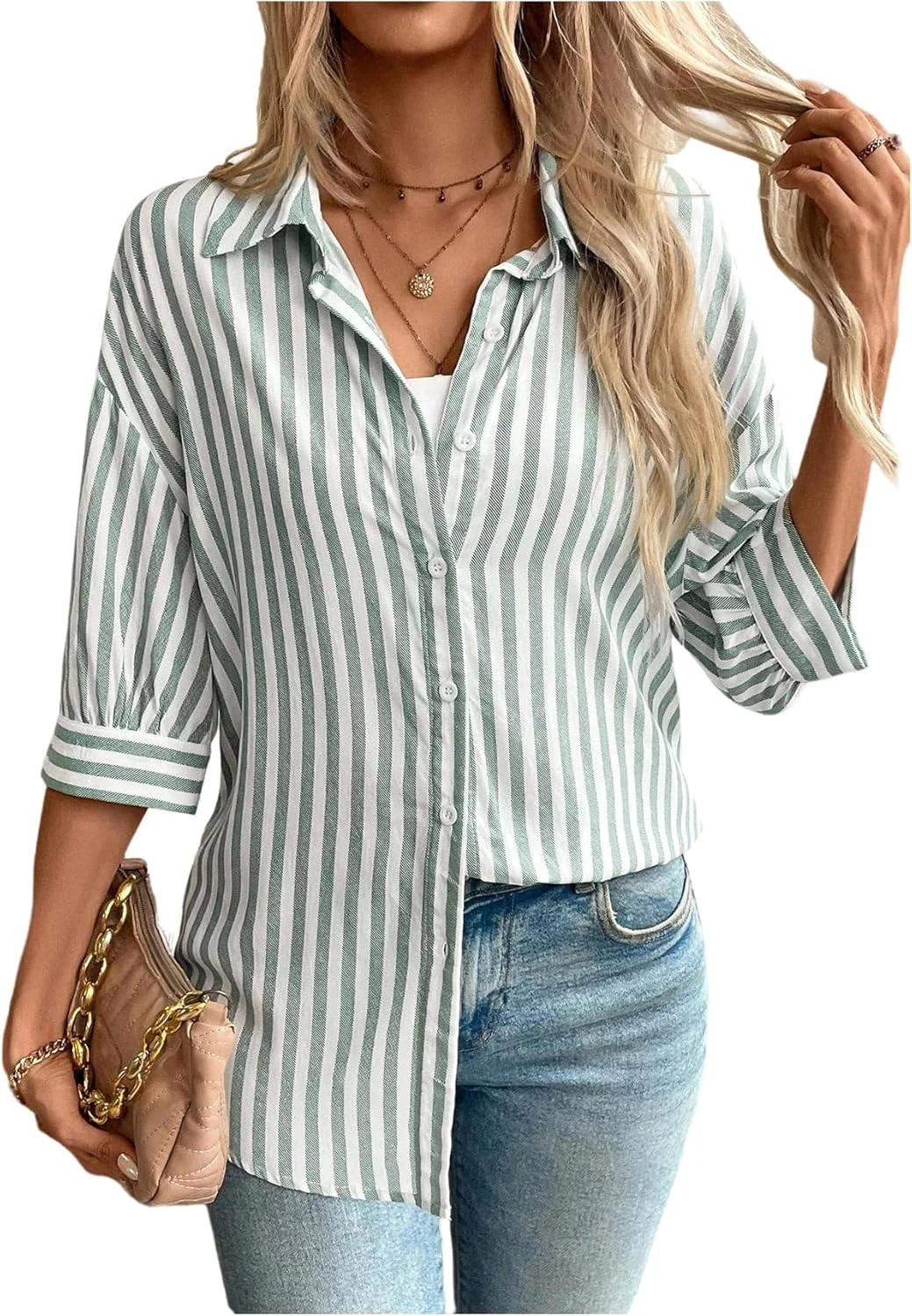 پیراهن زنانه گورگلیتر دکمه دار راه راه آستین سه ربع یقه دار گره ای جلو بلوزهای غیر رسمی