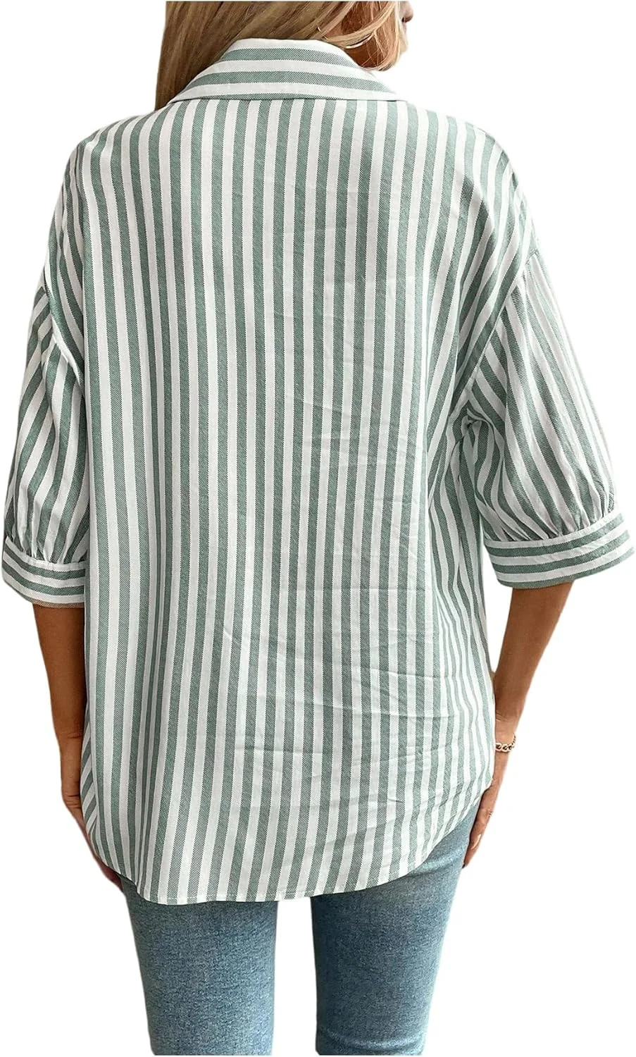 پیراهن زنانه گورگلیتر دکمه دار راه راه آستین سه ربع یقه دار گره ای جلو بلوزهای غیر رسمی
