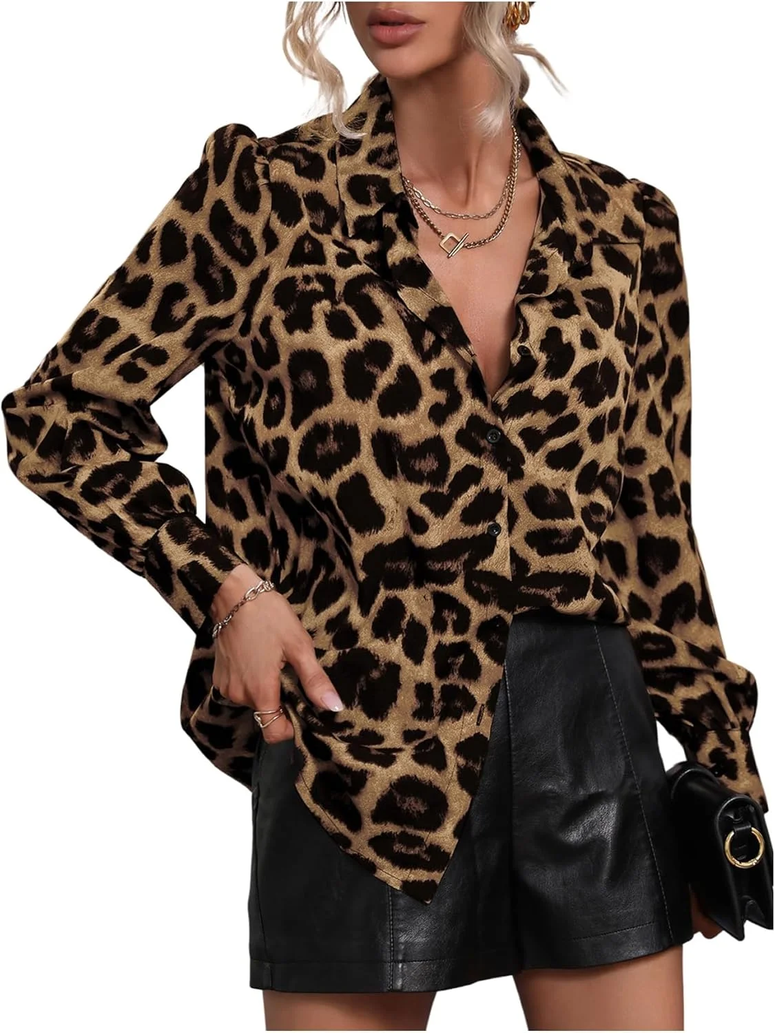 بلوز زنانه گورگلیتر یقه پلنگی، یقه هفت، آستین بلند، دکمه دار، شیک