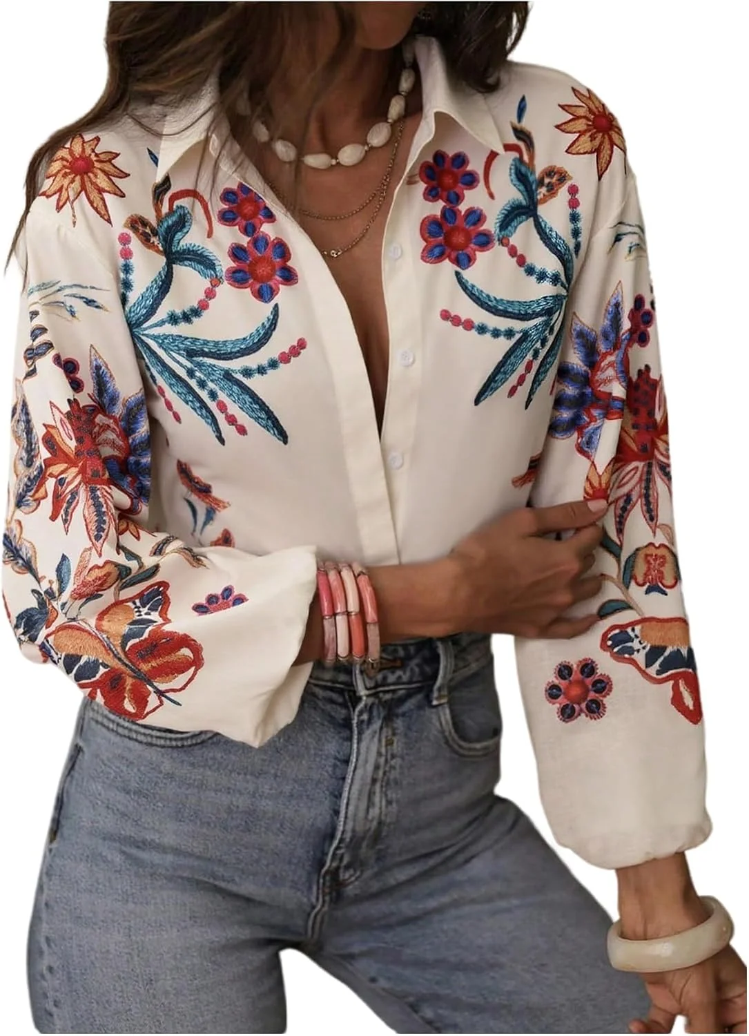 بلوز زنانه GORGLITTER با گلدوزی طرح گل، یقه دکمه دار و آستین بلند به سبک بوهو مناسب تعطیلات