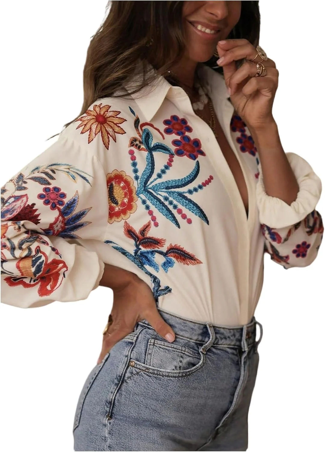 بلوز زنانه GORGLITTER با گلدوزی طرح گل، یقه دکمه دار و آستین بلند به سبک بوهو مناسب تعطیلات